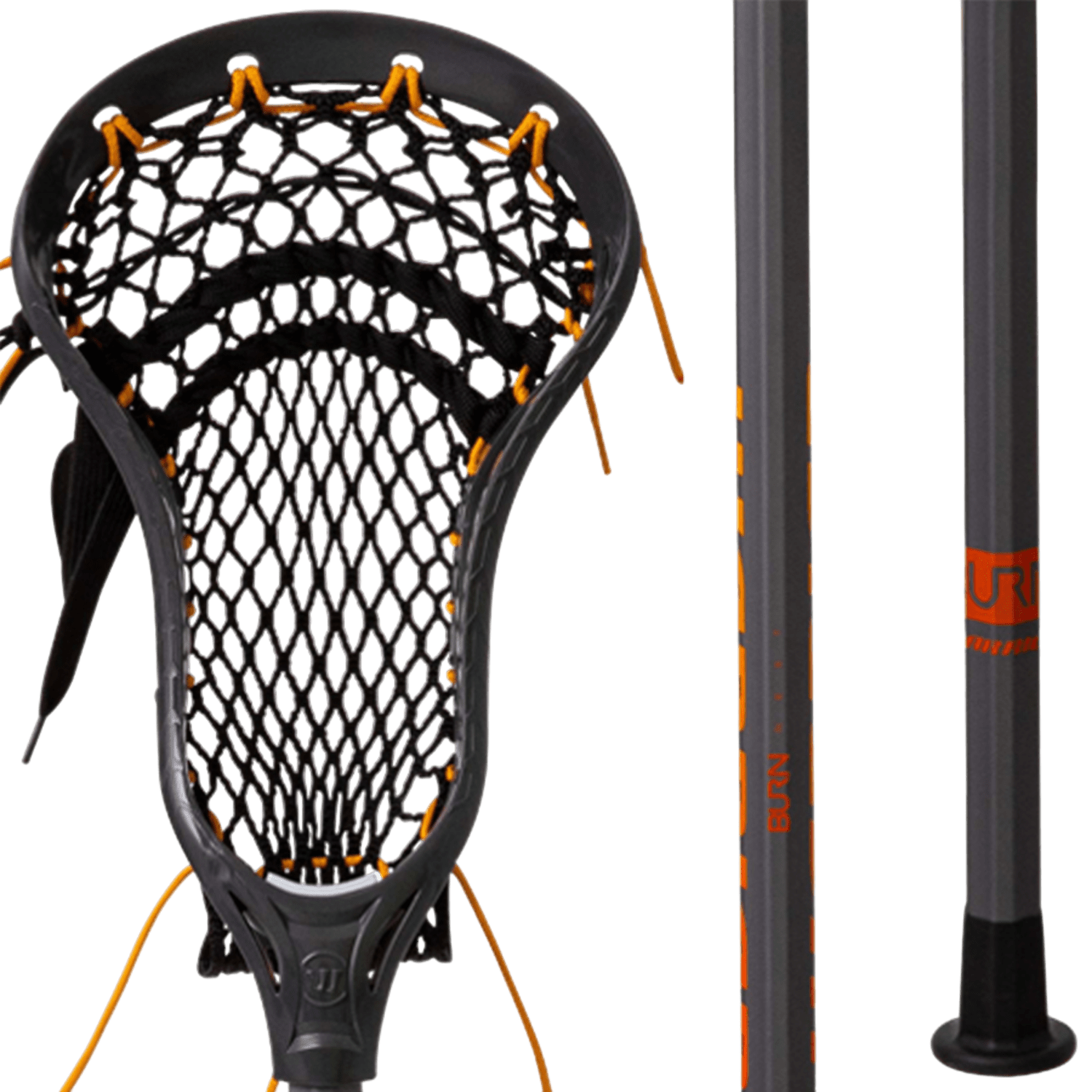 Close-up of the Warrior Burn Next 2023 Defense Complete Stick, showcasing its black and orange design with a woven net head and two shafts, one branded with "BURN." This sleek product from Warrior integrates TruOffset Technology, giving players an advantage during intense gameplay. Ideal for those looking for a Defensive Complete Stick experience.