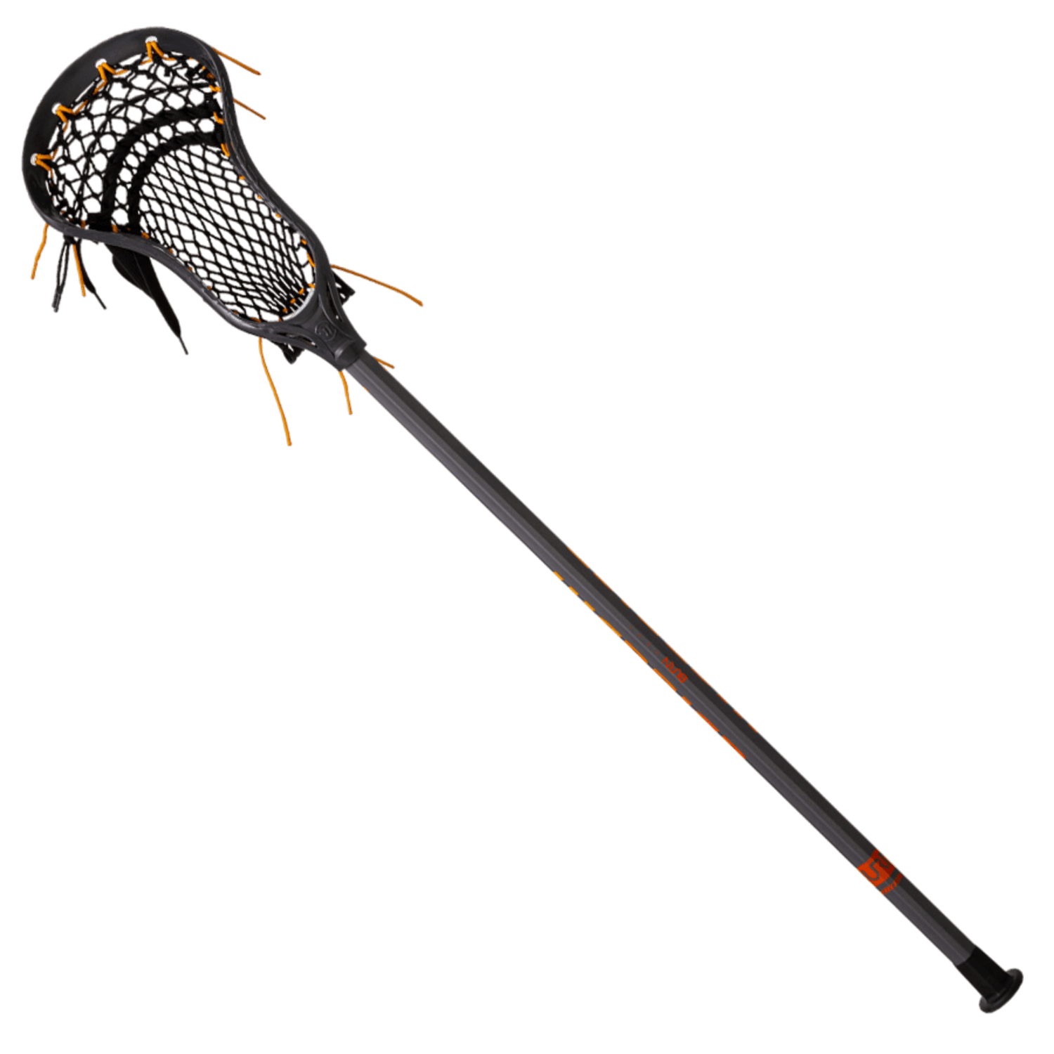A Warrior Burn Next 2023 Defense Complete Stick in black and orange features TruOffset Technology with a netted head and vibrant orange strings. Positioned diagonally against a plain background, the stick highlights its sleek design.