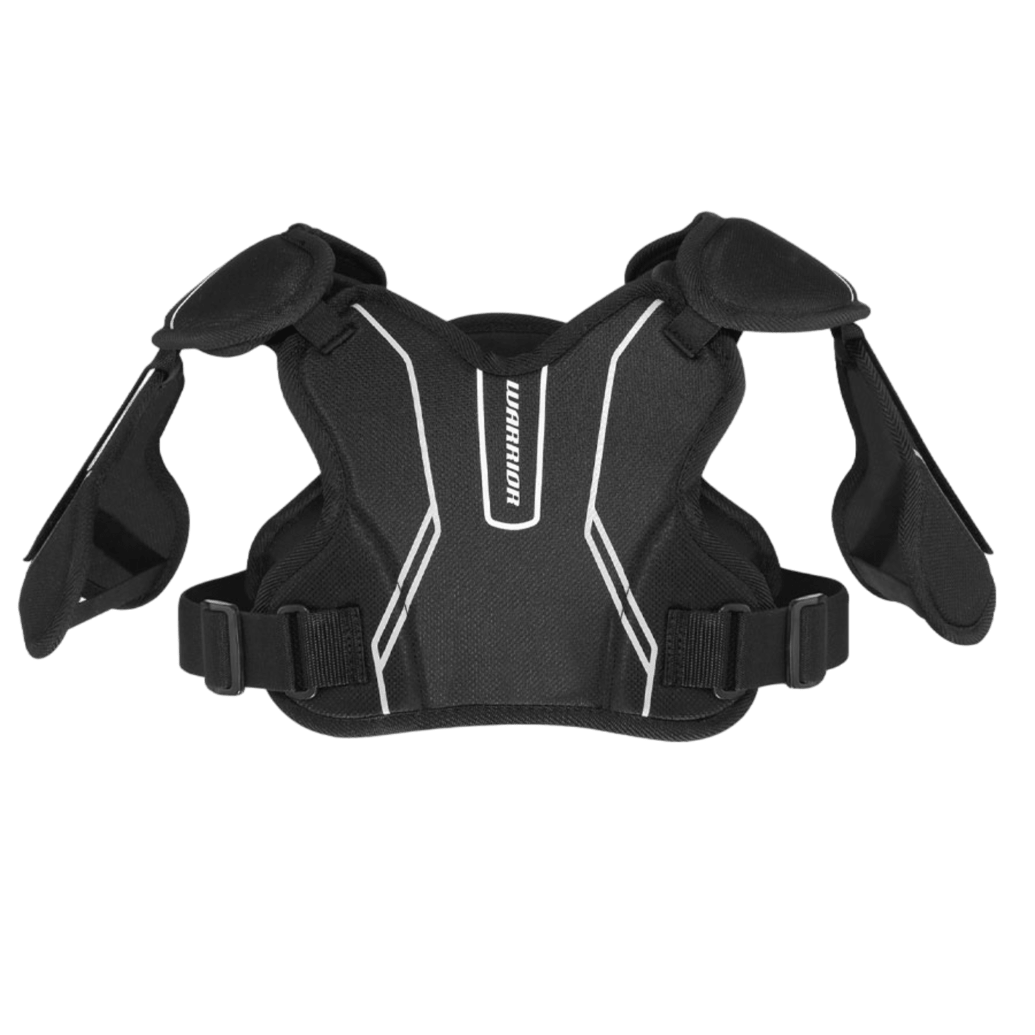 The Warrior BNXTSP0 is a black protective chest guard equipped with shoulder pads and adjustable straps, designed with dual-density foam to enhance sternum impact protection. It features white stripes and proudly displays the word "WULFSBURG" on the front.