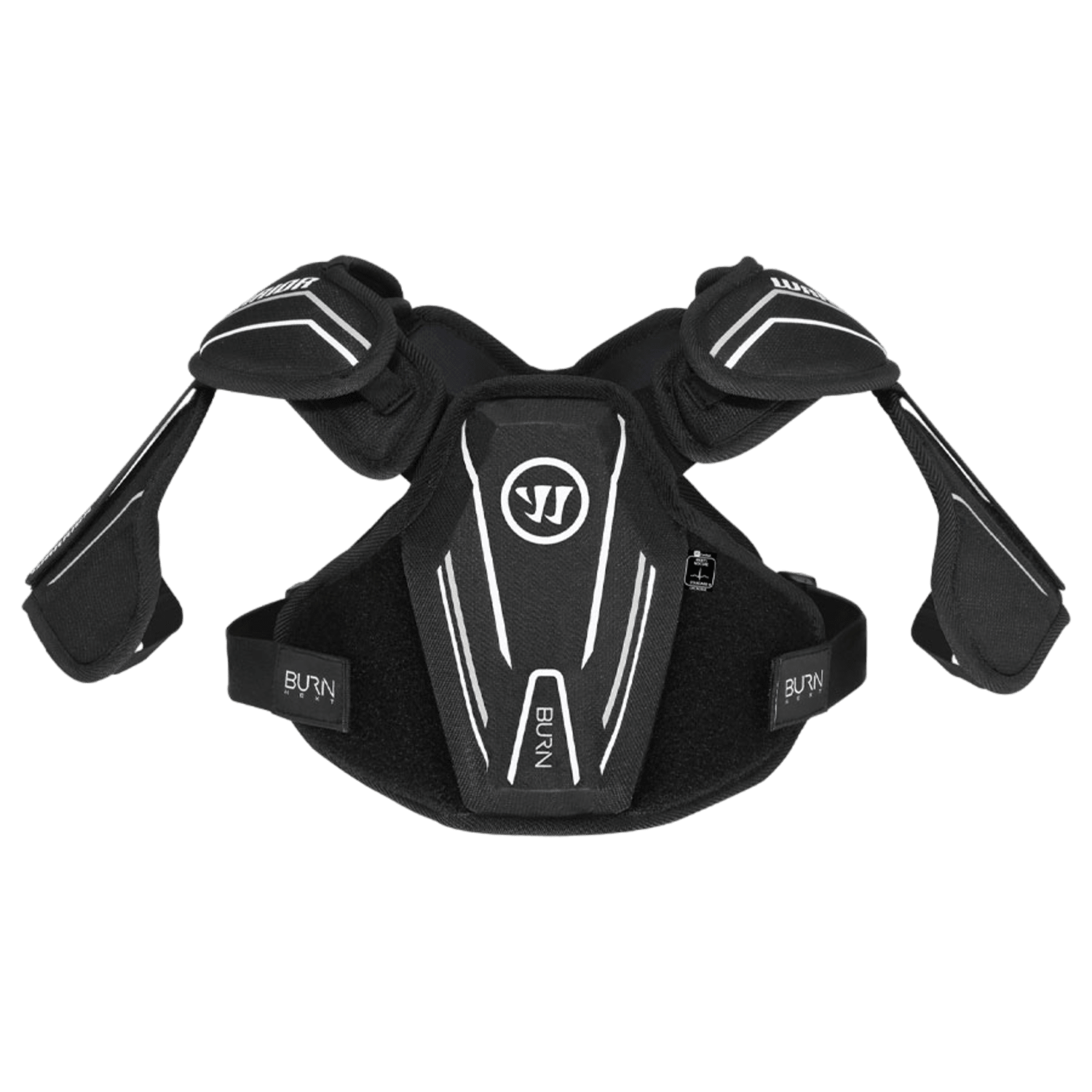 The BNXTSP0 by Warrior is a black sports protection shoulder pad, highlighted with white accents and branding. It features adjustable straps and cushioned areas, incorporating dual-density foam for enhanced comfort and safety, offering superior shoulder protection.