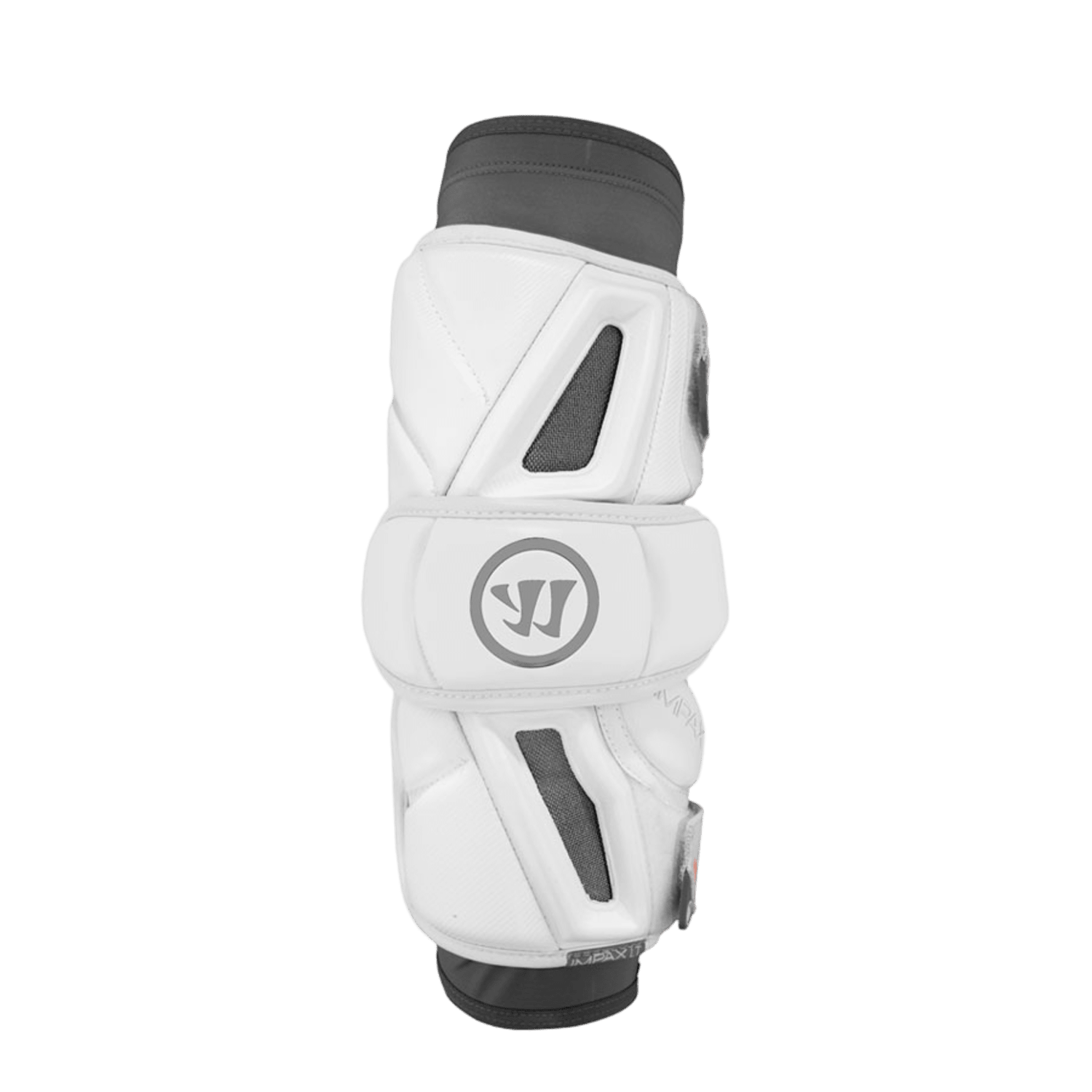 The Warrior Burn Pro 2018 Arm Pads, produced by the Warrior brand, are black and white sports elbow pads designed for elite-level mobility. These pads include adjustable straps for a secure fit and protective padding for safety, with ventilation areas to enhance breathability. Positioned on a simple white background, the bold logo emphasizes their status as premier lacrosse arm protection.