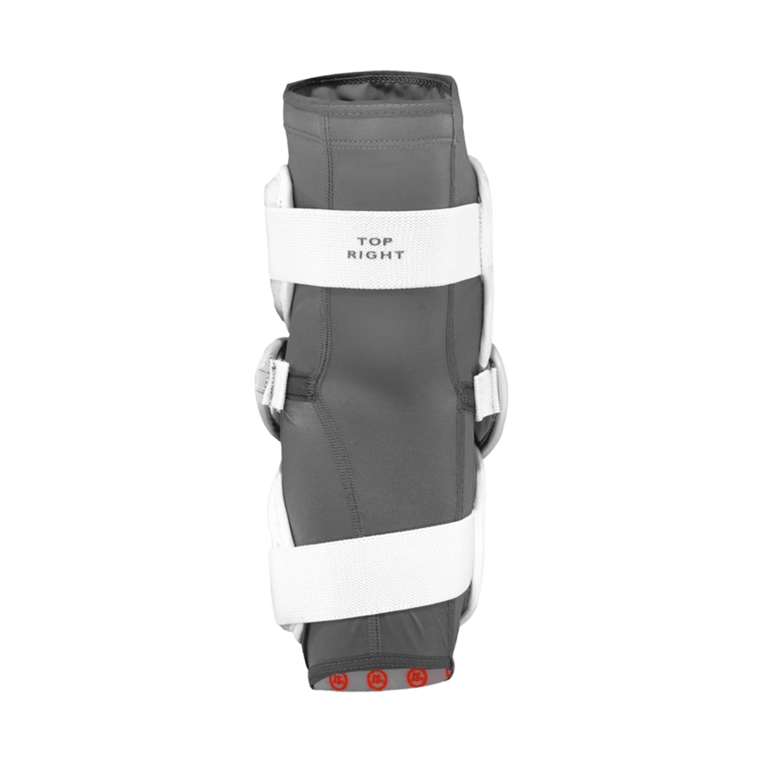 The Warrior Burn Pro 2018 Arm Pads, in a sleek gray design with white straps labeled "Top Right," provide elite-level mobility. They come equipped with multiple adjustable Velcro straps to ensure a secure fit and feature red circular grips on the bottom for enhanced stability.