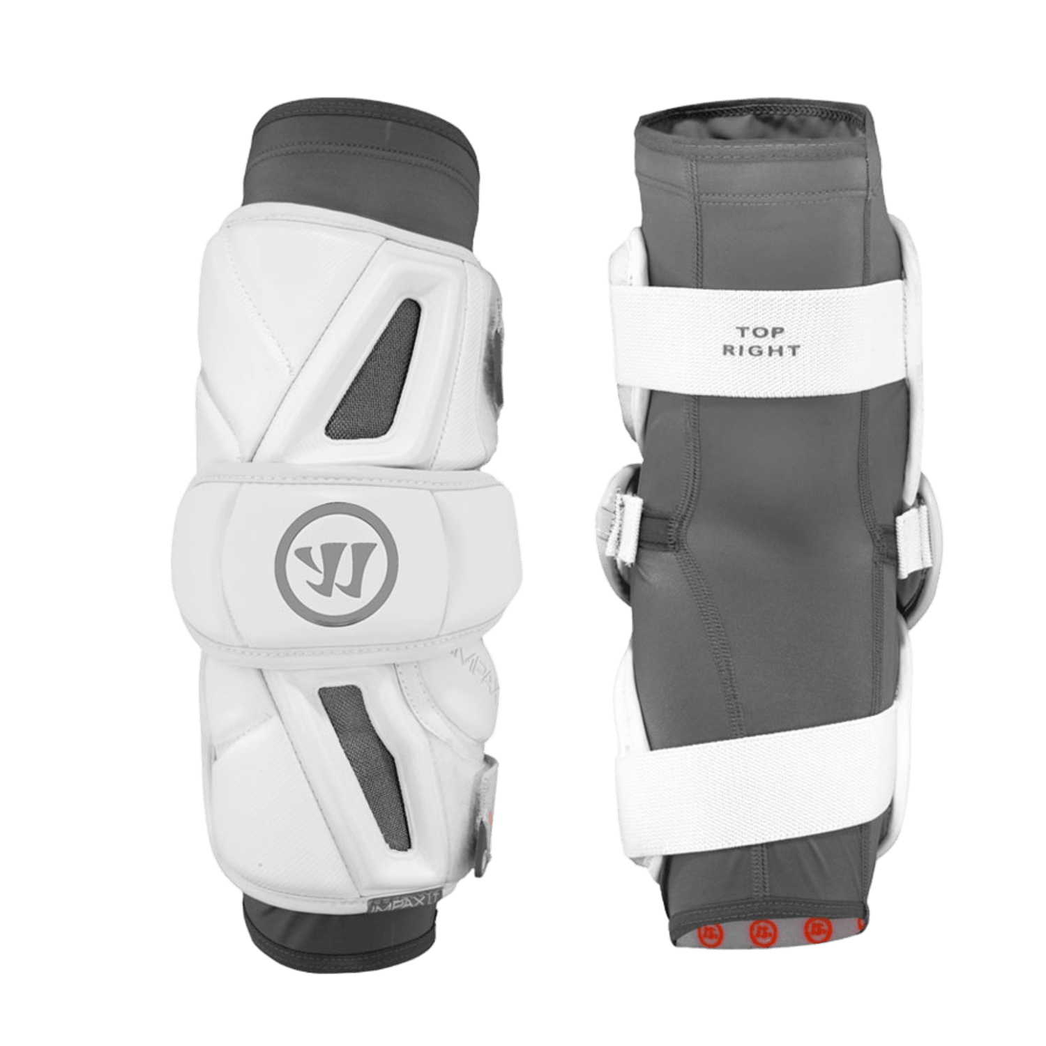 The image highlights a pair of high-performance hockey elbow pads, predominantly white with gray accents. They are designed with adjustable straps for enhanced comfort. The left pad features a logo and the right is marked with "TOP RIGHT," reminiscent of the Warrior Burn Pro 2018 Arm Pads by Warrior, typically used for lacrosse arm protection.