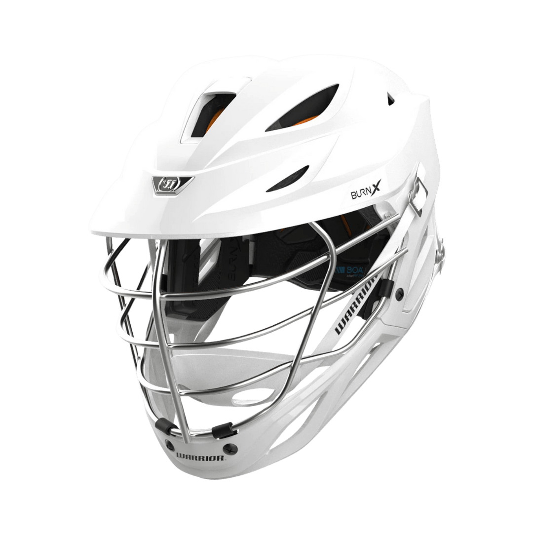 Presenting the Warrior Burn X Stock Lacrosse Helmet in white, featuring the advanced OMNISHOCK Protection System and an elegant metal faceguard. Its design includes ventilation slots to enhance comfort and prominently displays "BURN X" branding on its side. Created with sports safety in mind, this helmet is equipped with the cutting-edge Adaptfit 270 by BOA for a secure fit.