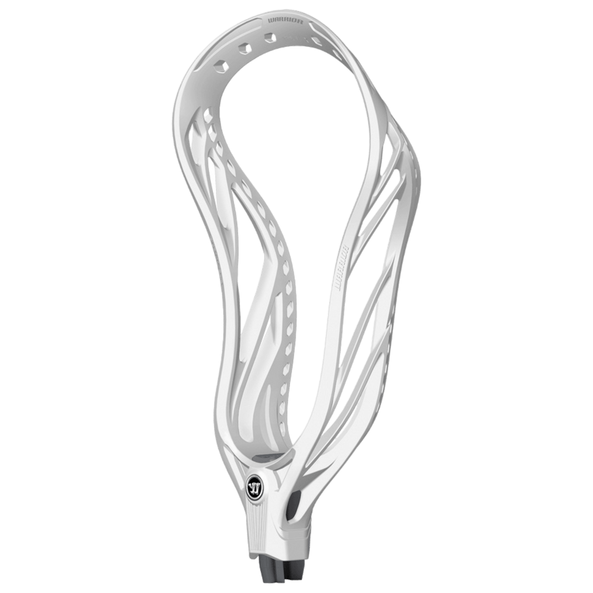The Warrior Burn XP-D Lacrosse Head, in white, is ideal for defensemen, boasting a lightweight design with several cutouts to minimize weight and boost aerodynamics. The handle attachment at the base ensures both sturdiness and precision.