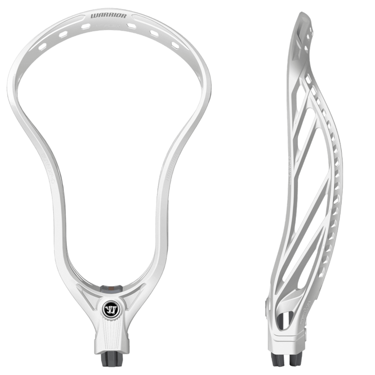 Front and side view of the white BXPDUN1 BK X lacrosse head by Warrior, showcasing the "Warrior" brand name on top. Tailored for defensemen, it features numerous stringing holes and a striped design on the side, ensuring exceptional power on the field.