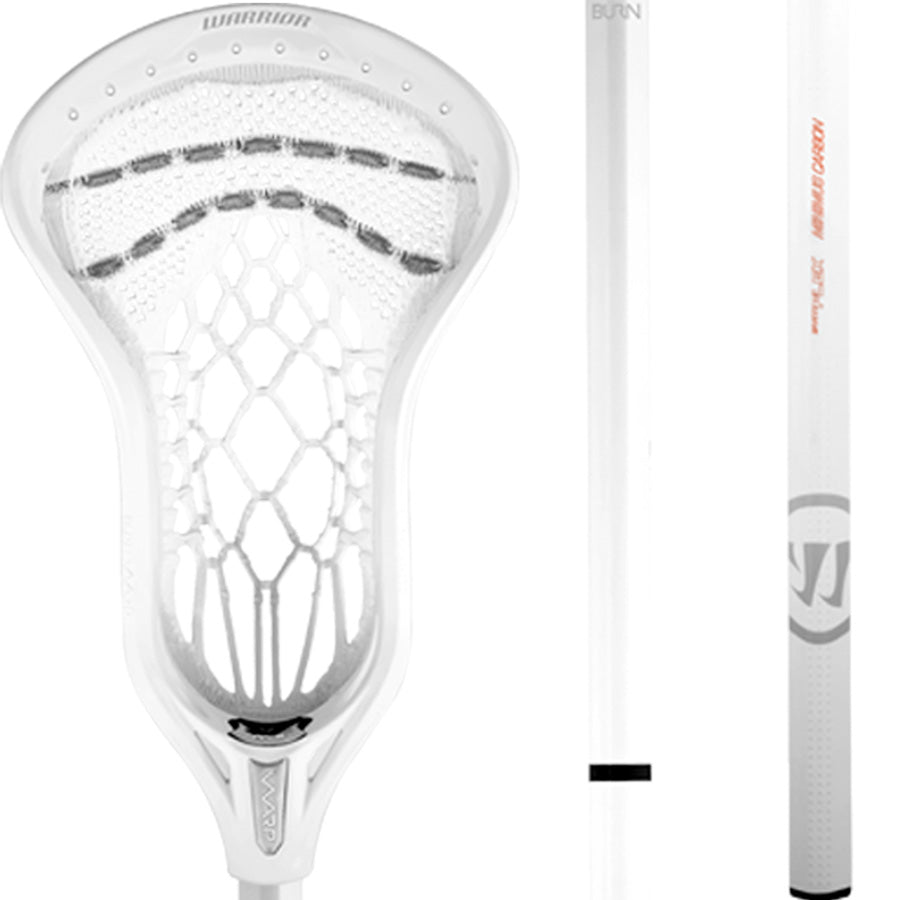 A close-up showcases a white lacrosse stick head featuring woven netting, with two views highlighting the "bwxpoc1" branding along the shaft. The design is enhanced with Dot Matrix grip and Therma-Loc resin for optimal performance, brought to you by Warrior.