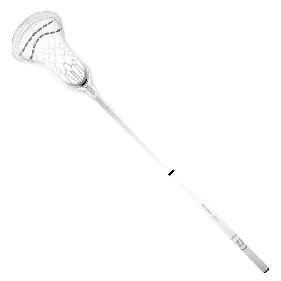 The Warrior Burn XP-O Warp Complete Stick by Warrior showcases a white frame with a netted head and an orange logo on the shaft. Its mid-pocket design is optimized with Therma-Loc resin for superior performance.