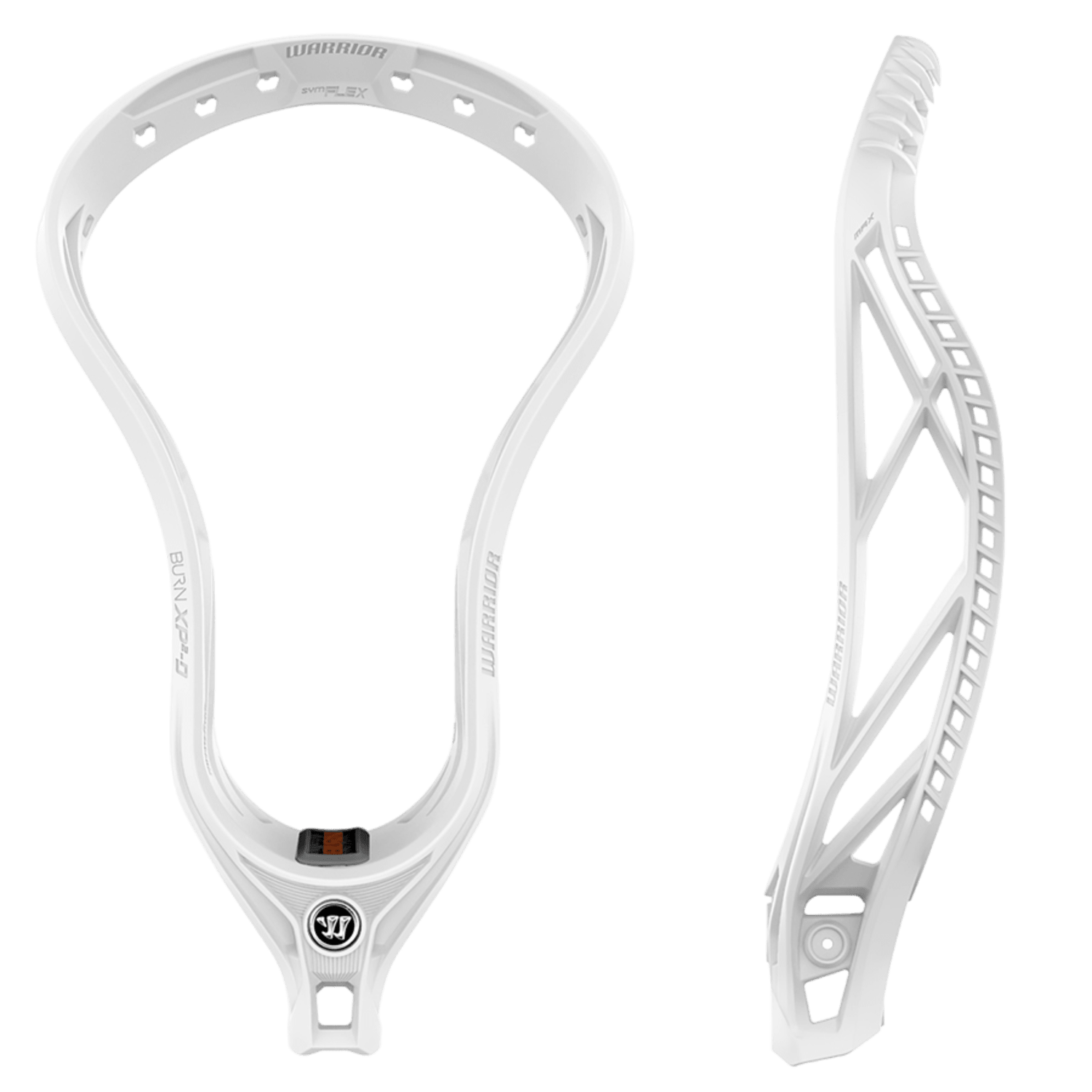 The Warrior Burn XP2-D Lacrosse Head, featured in striking white, is showcased from two perspectives: front and side view. Ideal for transition defensemen, the front view reveals a wide opening combined with a narrow throat. The side perspective accentuates its curved design and stringing holes. Logos and text adorn the surface, enhancing its suitability for an extreme power play.