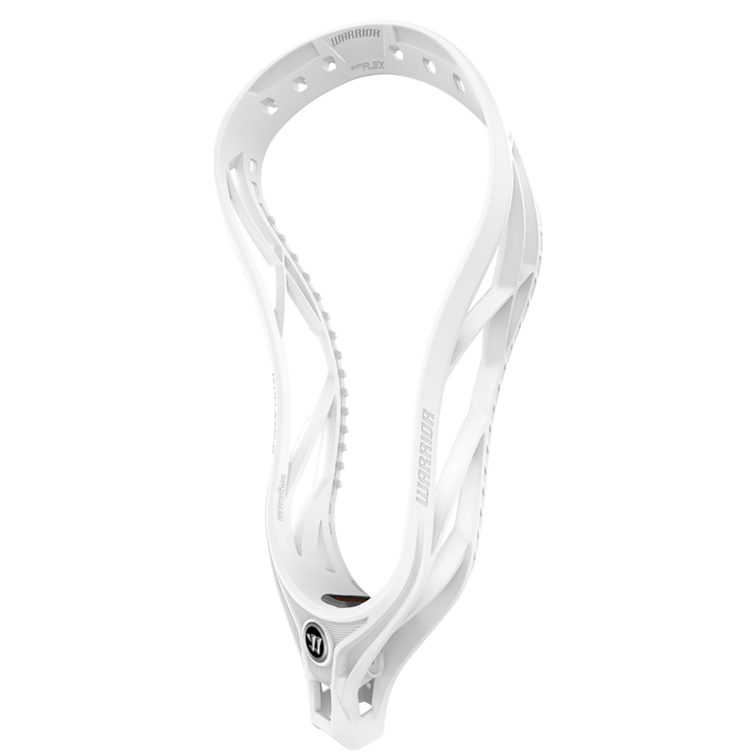 Meet the Warrior Burn XP2-D Lacrosse Head, a sleek white lacrosse head with cut-out patterns, perfectly designed for transition defensemen who seek extreme power in their game. The "Warrior" brand name is prominently displayed on the side.
