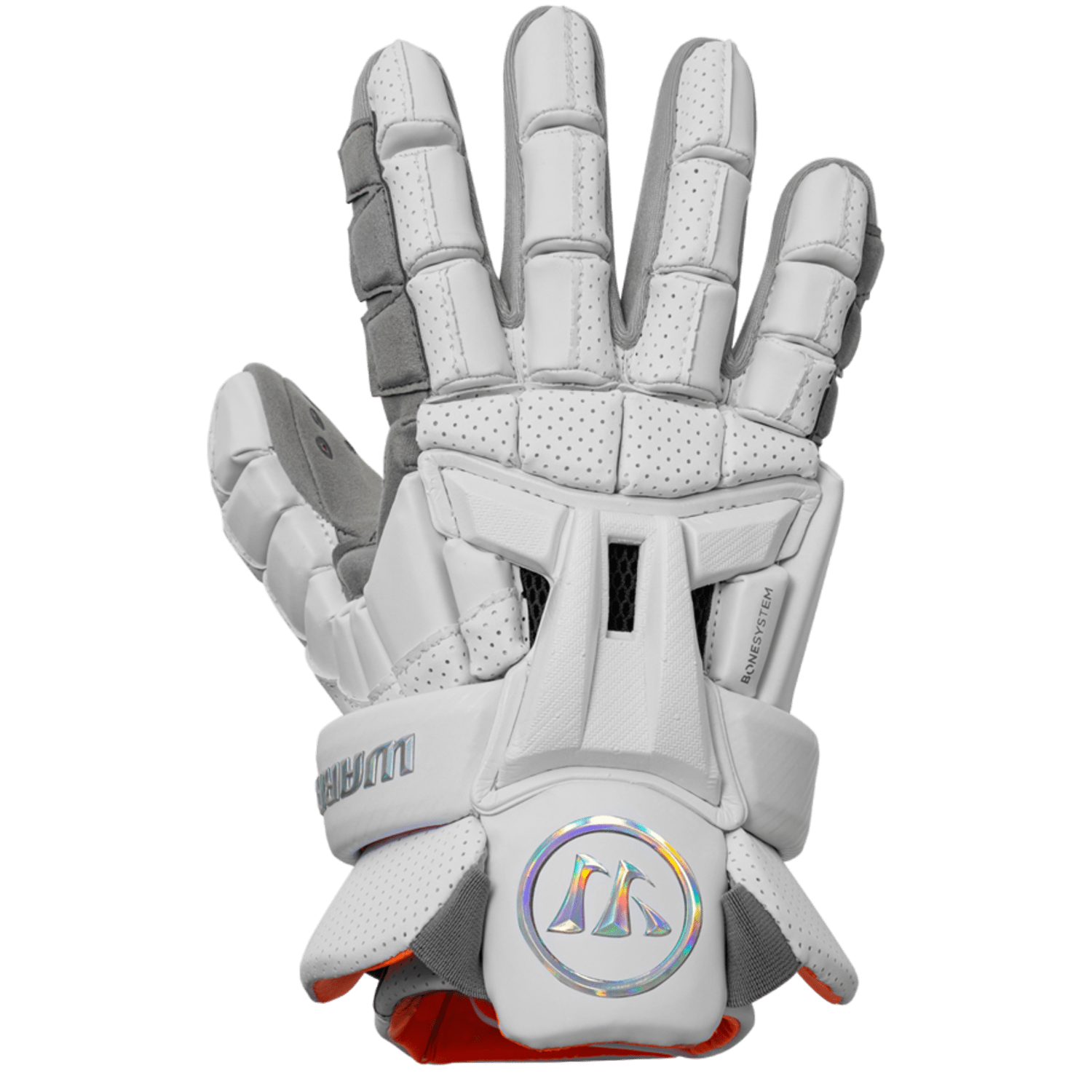 The Warrior Burn XP2 Lacrosse Gloves by Warrior, in white and gray, feature padded sections with Impax LT foam and a silver logo on the wrist. They are displayed palm up against a vibrant green background.