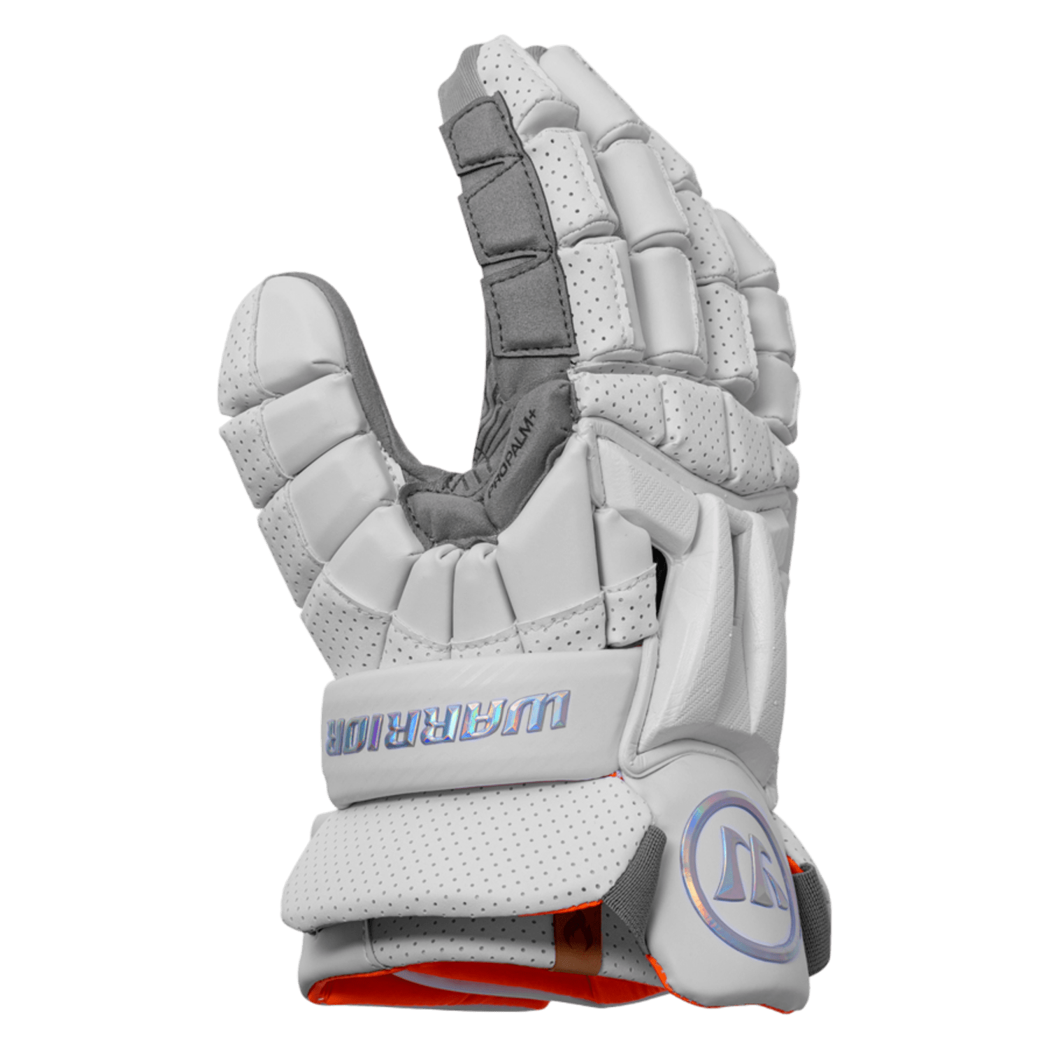 The Warrior Burn XP2 Lacrosse Gloves are white with gray detailing and feature padded sections for enhanced protection and mobility, equipped with Impax LT foam. The branded name "Warrior" is prominently displayed in blue on the back and side, highlighting the distinctive Warrior Burn XP2 design.