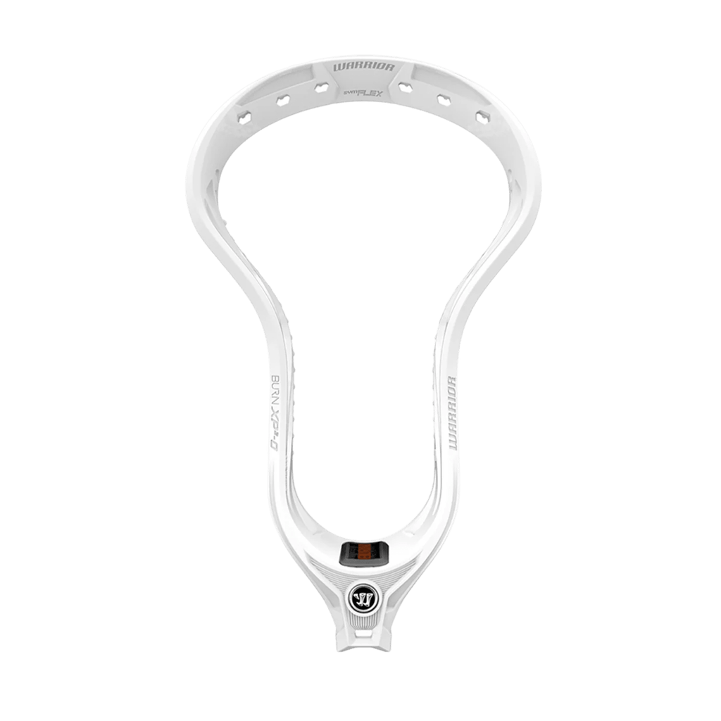 The Warrior Burn XP2-O Lacrosse Head stands out against a plain backdrop with its white design, featuring the "Warrior" brand name and "Burn XP2-O" on the sides for improved ball-handling capabilities. The head is highlighted by its logo and text, while precise stringing holes enhance shot power.