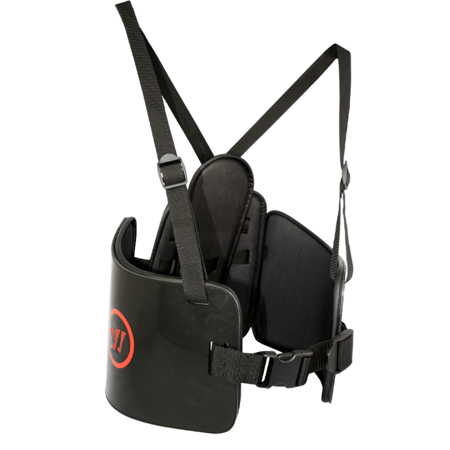 Introducing the Warrior Deluxe Rib Guards by Warrior: a black shoulder harness designed for an adjustable fit, featuring a front-facing shield adorned with a distinctive red circular logo. This harness includes padded sections to enhance comfort and provide impact protection, along with a secure buckle closure for added safety.