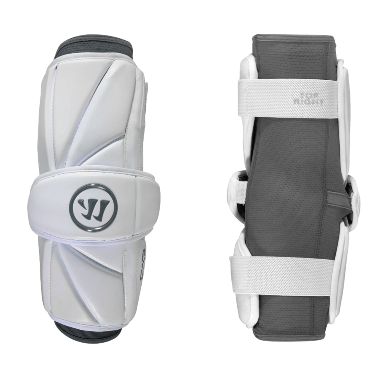 Two Warrior Evo 2019 Arm Guards, crafted by the brand Warrior, are displayed side by side showing both front and back views. They feature a white exterior with gray interior lining and come equipped with adjustable white straps and non-slip gel. One of the pads boasts a circular logo with stylized letters. Made using the Wartech FLX sleeve technology, these guards provide advanced protection and flexibility.