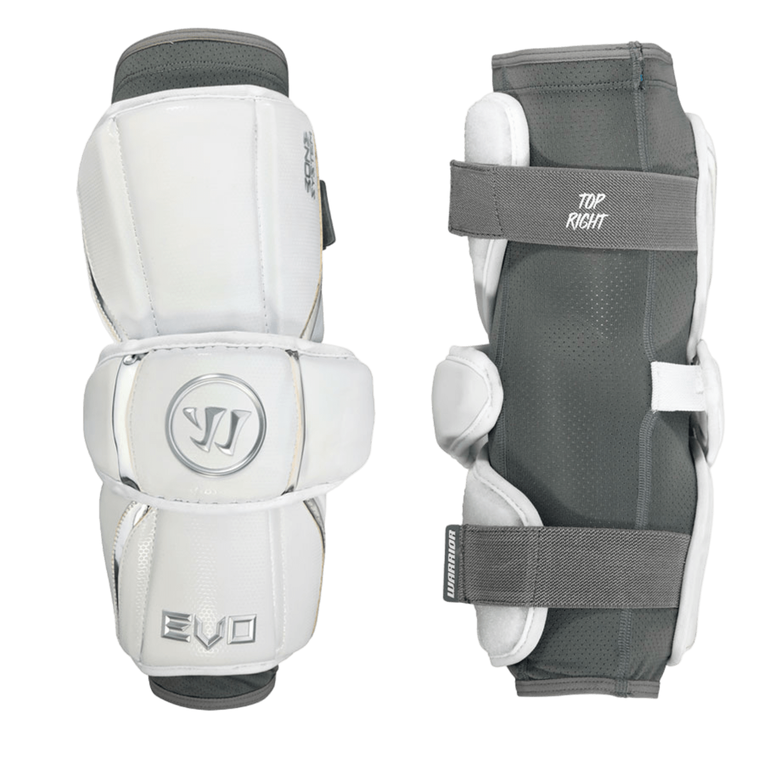The Warrior Evo Arm Guards in white and gray provide top-notch protection with adjustable straps. Adorned with the iconic Warrior logo and "EVO" on the front, these elbow pads feature BONE technology for superior durability and have an interior label marked "TOP RIGHT.
