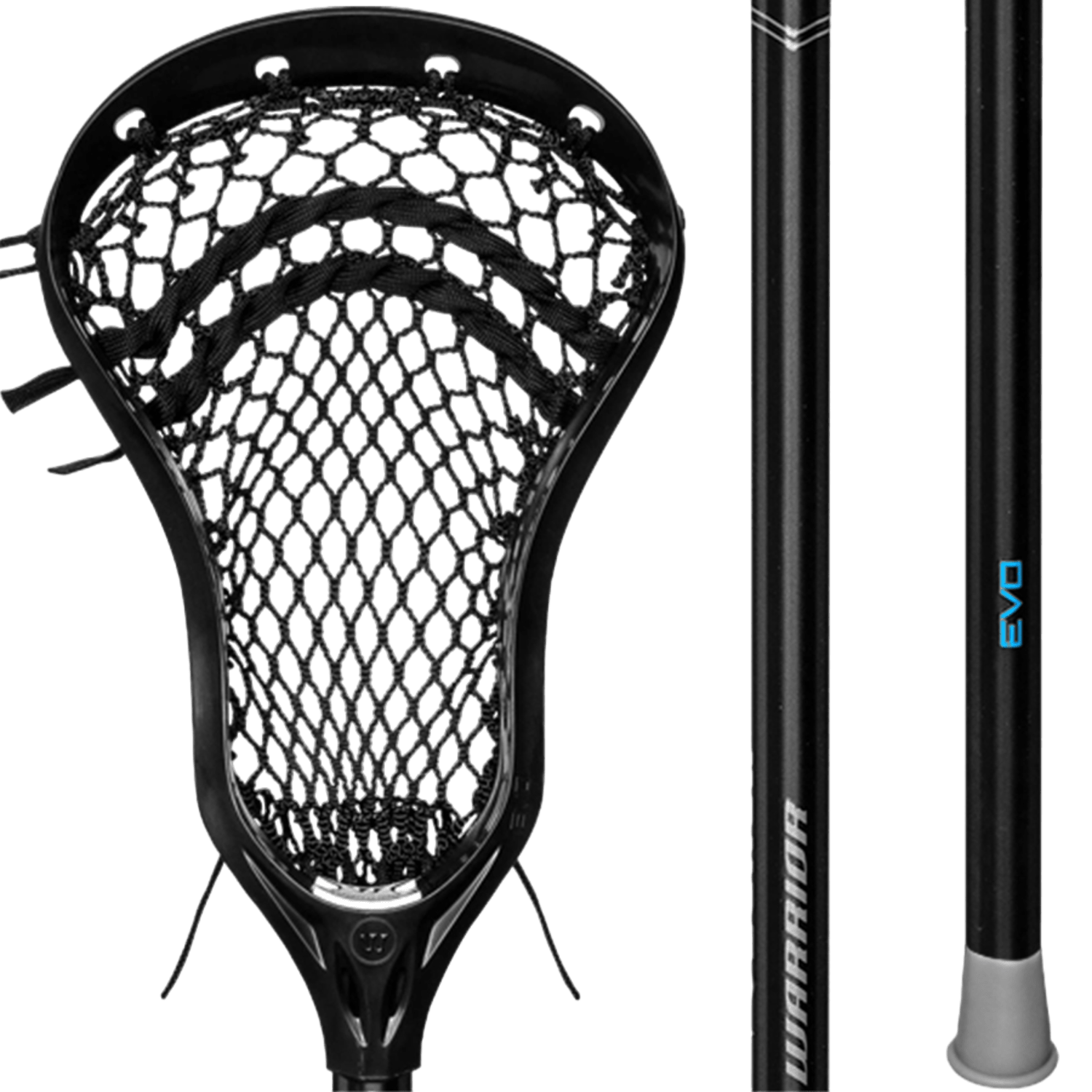 Close-up of a black lacrosse stick head featuring mid-low pocket mesh netting, paired with two lightweight alloy shafts in black. One shaft bears the label "EVO," while the other is branded with "WARRIOR EVO ATTACK." The scene is set against a simple green background. This configuration belongs to the Warrior Evo 2022 Complete Stick by Warrior.