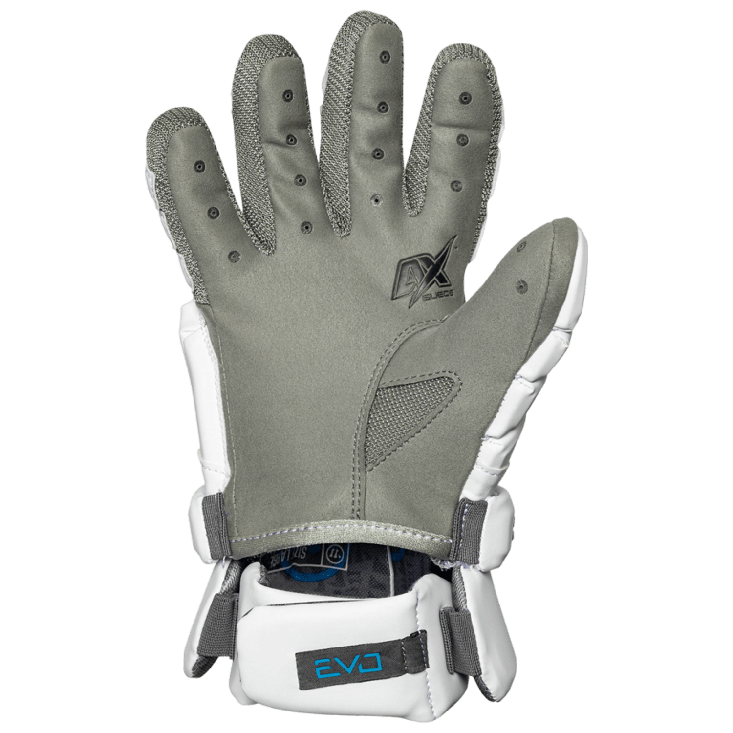 A gray and white Warrior glove designed for skiing or snowboarding, featuring a textured Pro Palm and reinforced fingers. It includes a black logo at the wrist and a gray adjustment strap to ensure optimal flexibility reminiscent of the Warrior Evo Lacrosse Gloves.
