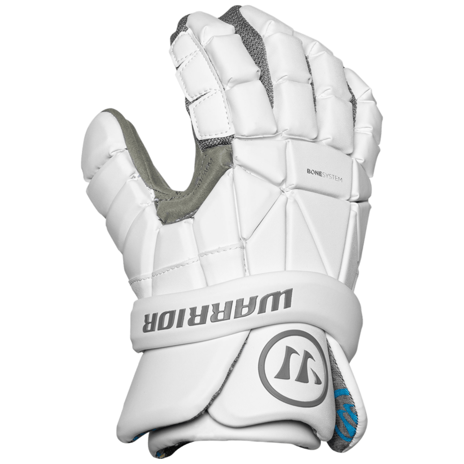The Warrior Evo Lacrosse Gloves are white with a textured design and a gray inner lining, featuring the "Warrior" brand name on the wrist strap and a logo near the thumb. Enhanced with Pro Palm technology, these gloves ensure superior grip and comfort for every play.