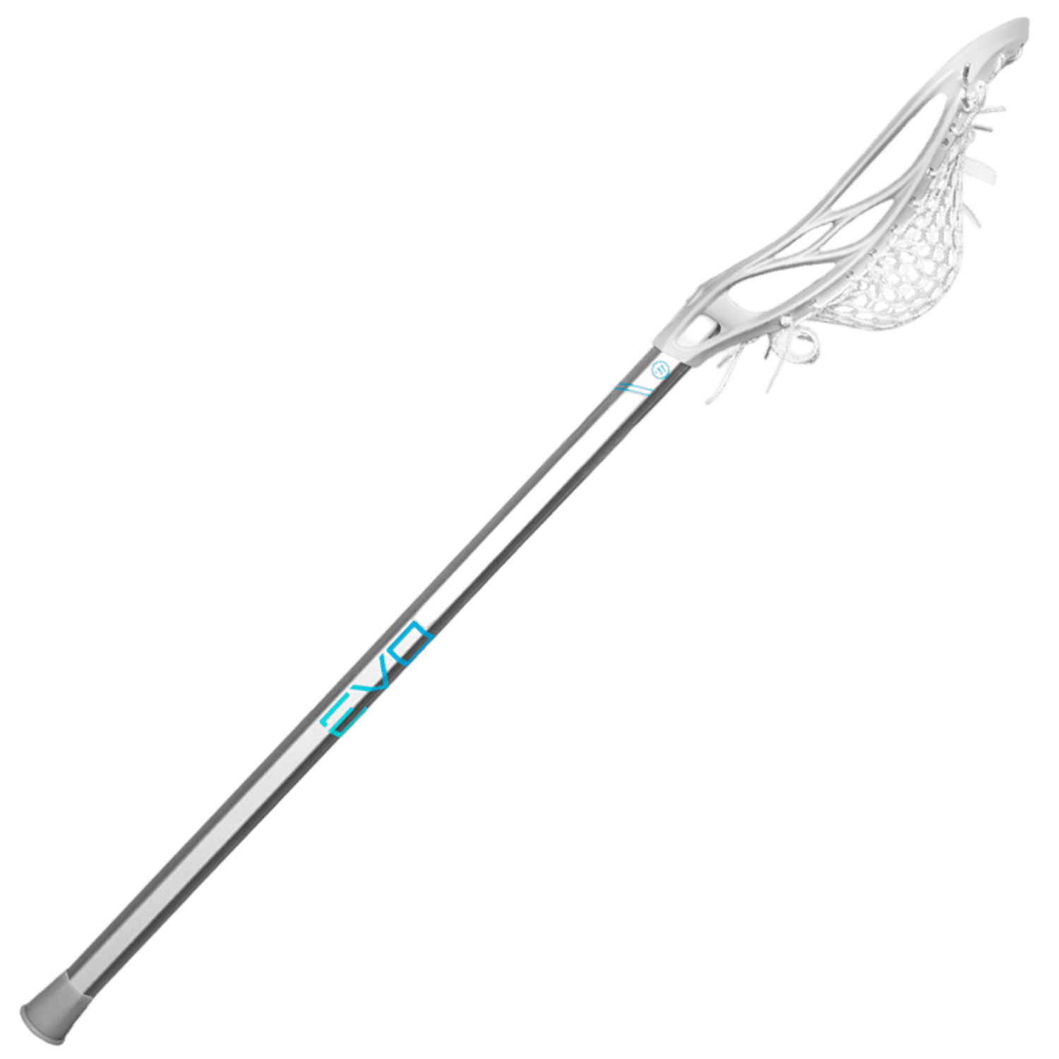 The Warrior Evo Jr+ Complete Stick by Warrior is displayed, featuring a white head and gray shaft. The netting is woven tightly, and the shaft prominently displays a blue logo.