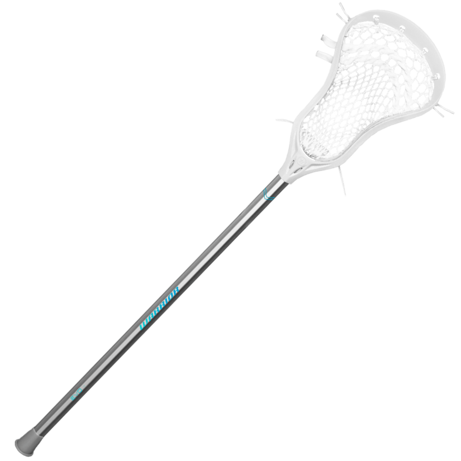 The Warrior Evo Jr+ Complete Stick by Warrior features a white lacrosse stick with a gray shaft and blue accents on the handle, complete with a mesh pocket for securely holding the ball.