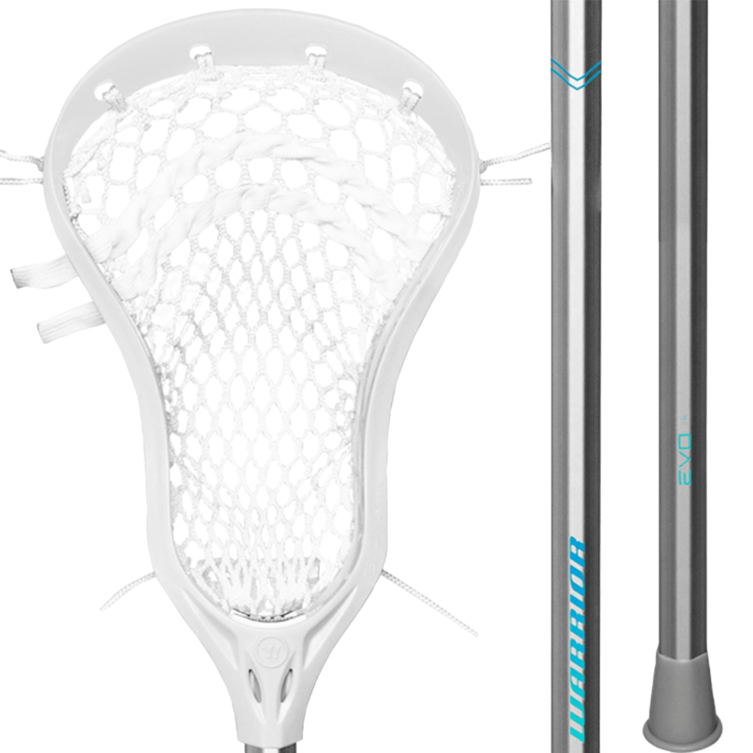 The Warrior Evo Jr+ Complete Stick, a product by Warrior, showcases a white lacrosse head with mesh netting placed alongside a gray shaft adorned with blue accents.