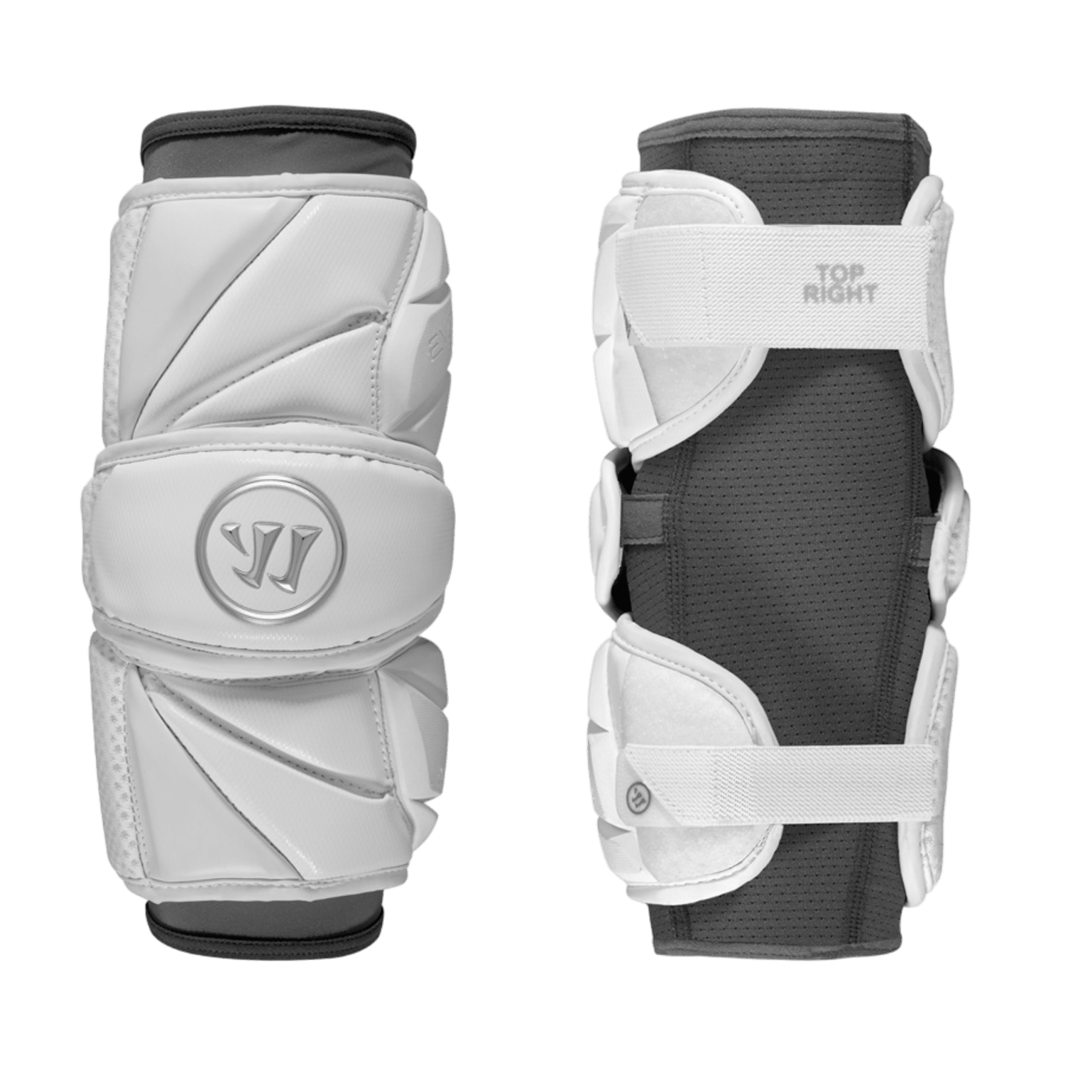 Two Warrior Evo Pro 2019 Arm Pads in white are showcased on a white background. One pad presents the front view with the Warrior logo, while the other displays the side view, highlighting adjustable straps, high-impact foam for protection, and a "Top Right" label.