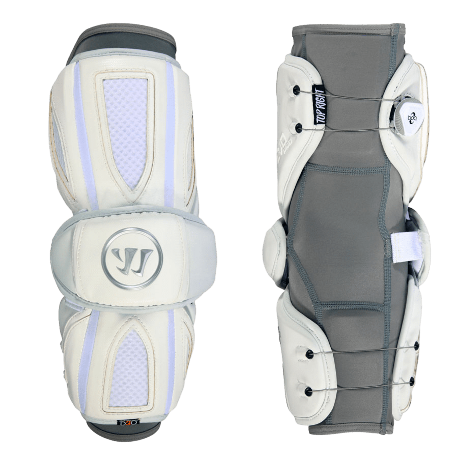Two Warrior Evo Pro 2017 Arm Guards in white and gray, featuring adjustable straps; one displays the front view with a logo, while the other reveals the back highlighting D30 padding and a BOA Closure System for enhanced protection and secure fastening.