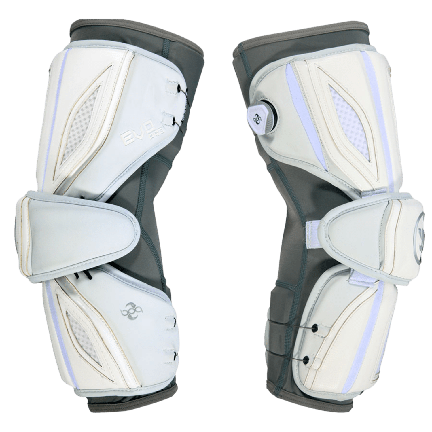 Two Warrior Evo Pro 2017 Arm Guards, in white and gray, feature ventilated mesh panels and adjustable straps, with optional D30 padding for enhanced protection.