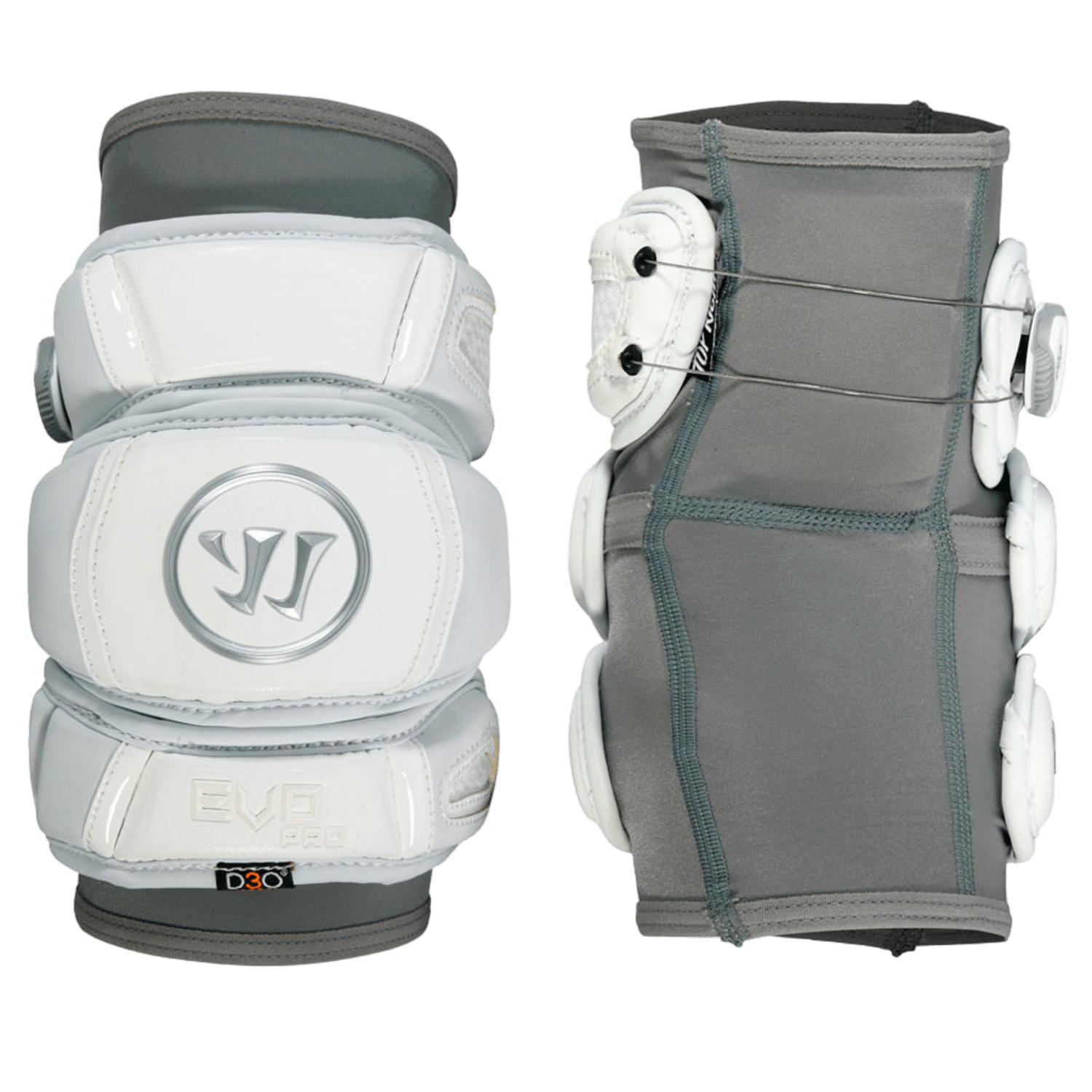 Two images of the Warrior Evo Pro 2017 Elbow Pads by Warrior: the left showcases the front view with a logo, while the right reveals the side view highlighting lacing and padding. These elbow pads, designed for defensive players, are available in white and gray and feature adjustable straps along with a BOA Closure System for a secure fit.