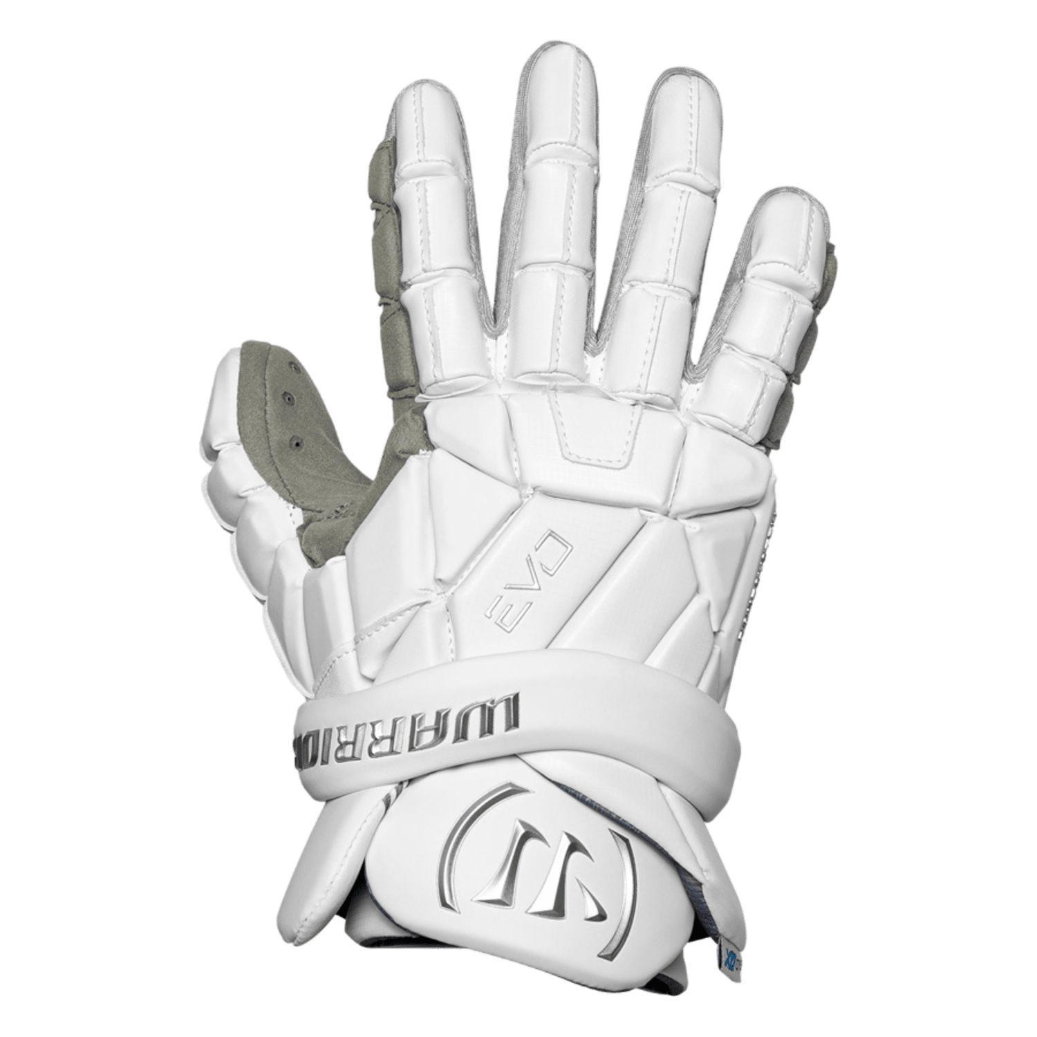 The Warrior Evo QX2 Lacrosse Gloves in white feature protective padding and an Authentic Pro Palm for improved grip. Displaying the "Warrior" brand prominently, the strap provides a secure fit, while the open palm showcases the inner lining. These premium lacrosse essentials stand out with a transparent background.