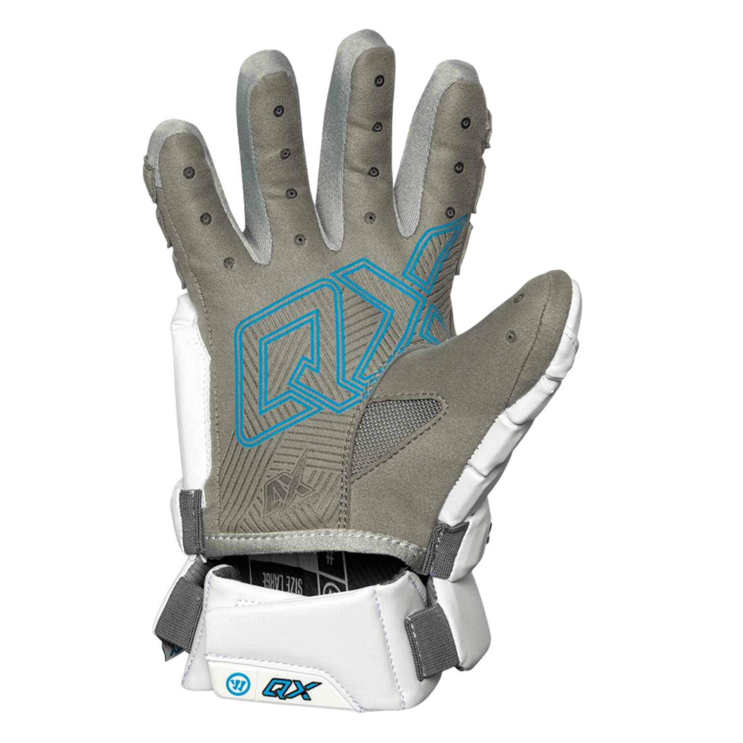 The Warrior Evo QX2 Lacrosse Gloves, presented in a stylish gray and white color scheme with blue accents, provide an ergonomic design for enhanced control. They come equipped with adjustable wrist straps and ventilation holes, while the Authentic Pro Palm guarantees a premium feel during gameplay.