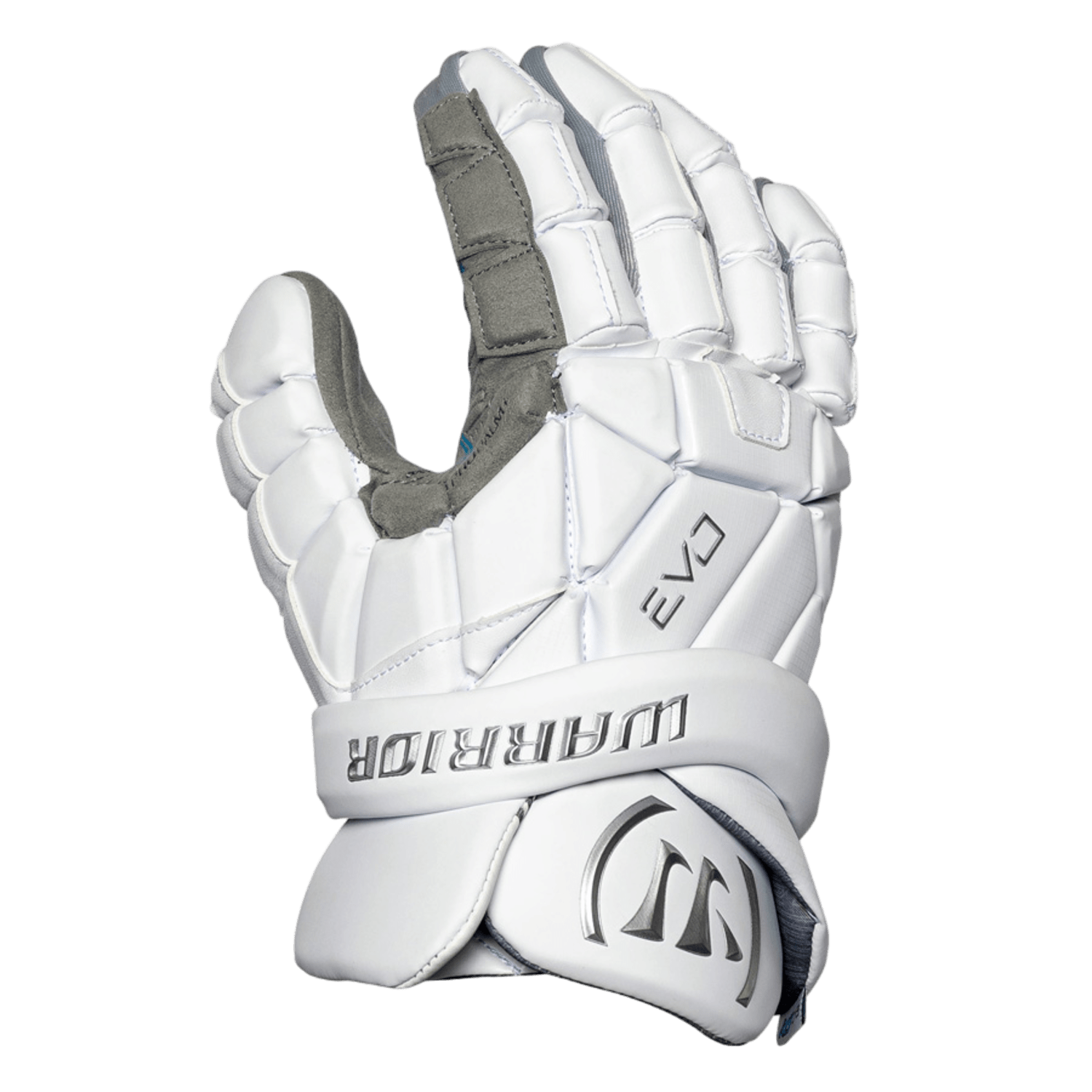 The Warrior Evo QX2 Lacrosse Gloves, in white, boast the Authentic Pro Palm and Bone System. Equipped with padded segments and a secure wrist strap, these gloves provide protection and flexibility during play.