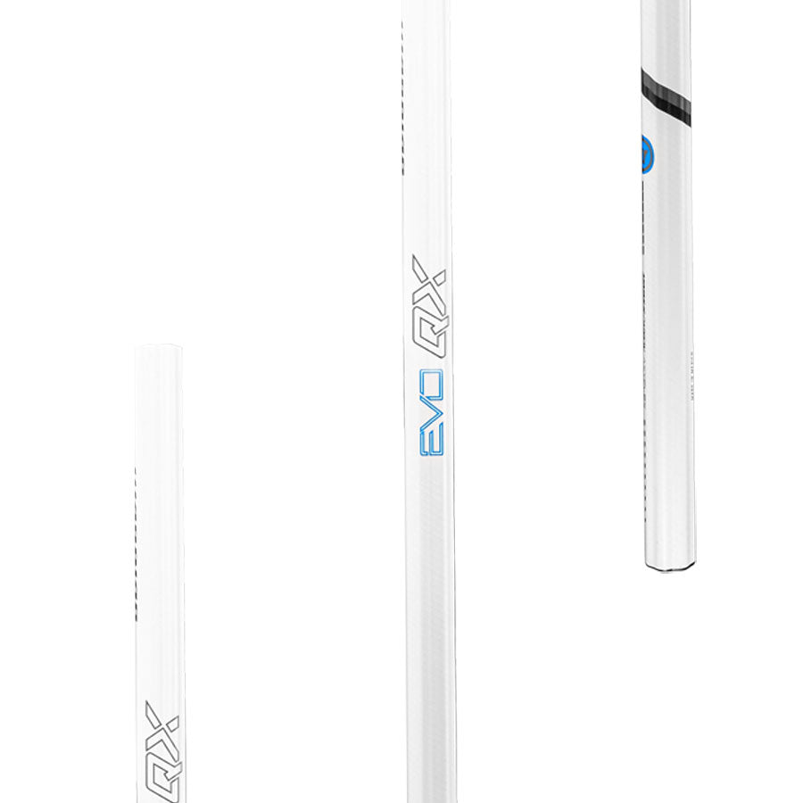 The Warrior Evo QX Carbon Lacrosse Shaft features a minimalist design with white shafts accented in blue and silver. Made from lightweight carbon fiber, each shaft is perfectly vertical for a striking appearance. The "EVO QX" branding prominently emphasizes its status as a high-end carbon attack shaft by Warrior.
