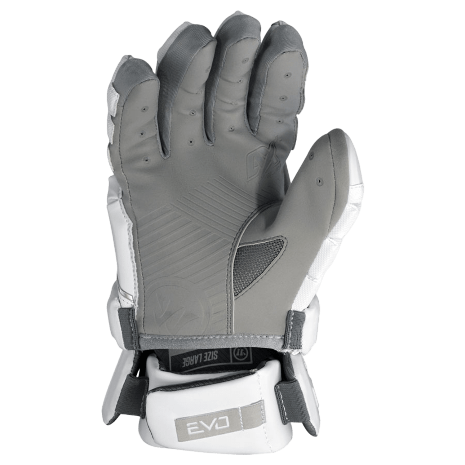 The Warrior Evo QX Lacrosse Glove, designed for right-hand use, comes in a gray and white color scheme with visible stitching and reinforced knuckles. It features a Velcro strap labeled "EVO" and is positioned vertically with the palm facing up. Enhanced with Impax high-density foam, it offers superior protection and comfort.