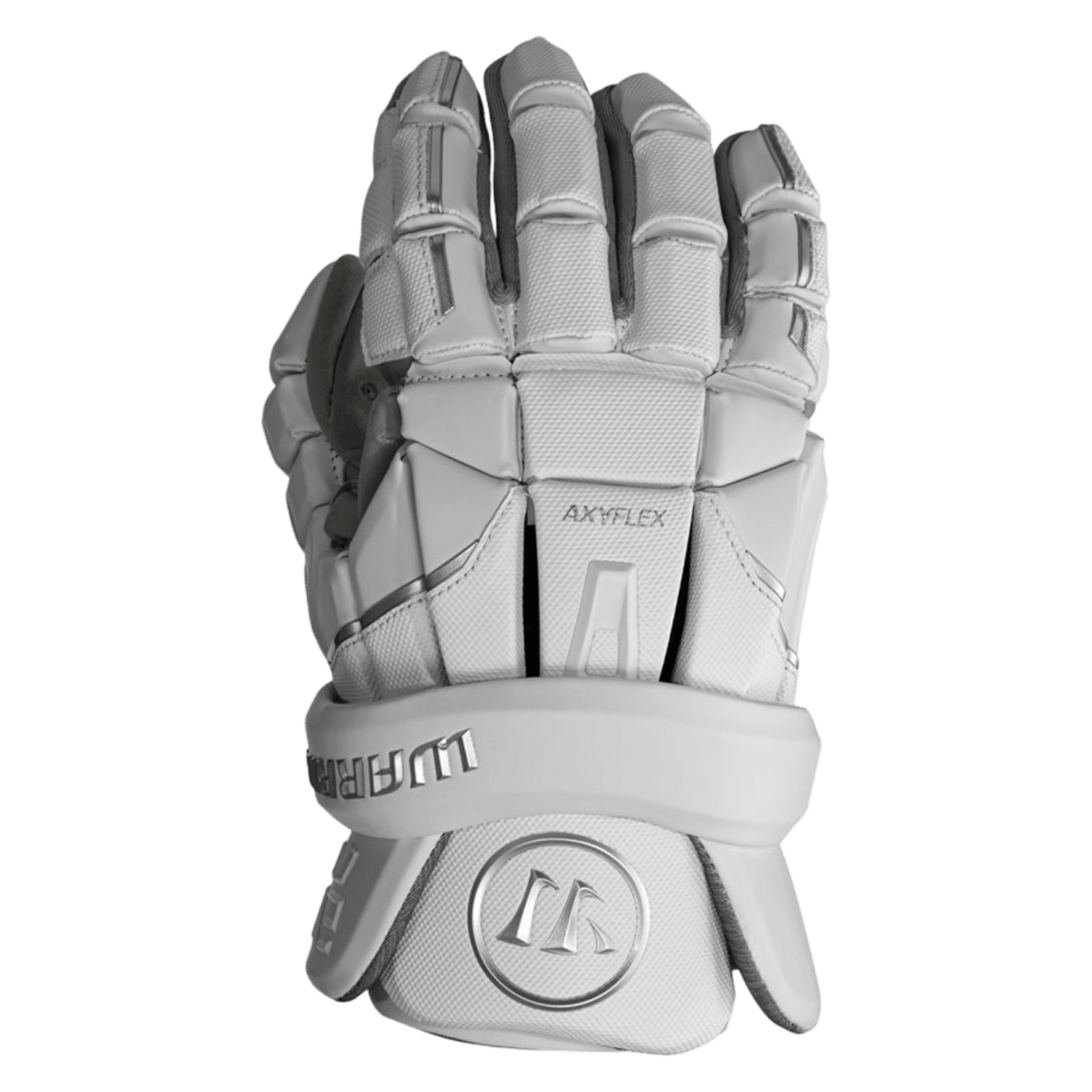 A new, single gray Warrior Evo QX Lacrosse Glove showcases intricate padding and protection. It features AXYFLEX technology and Impax high-density foam, with the brand "Warrior" embossed on the wrist area, designed for athletic performance.
