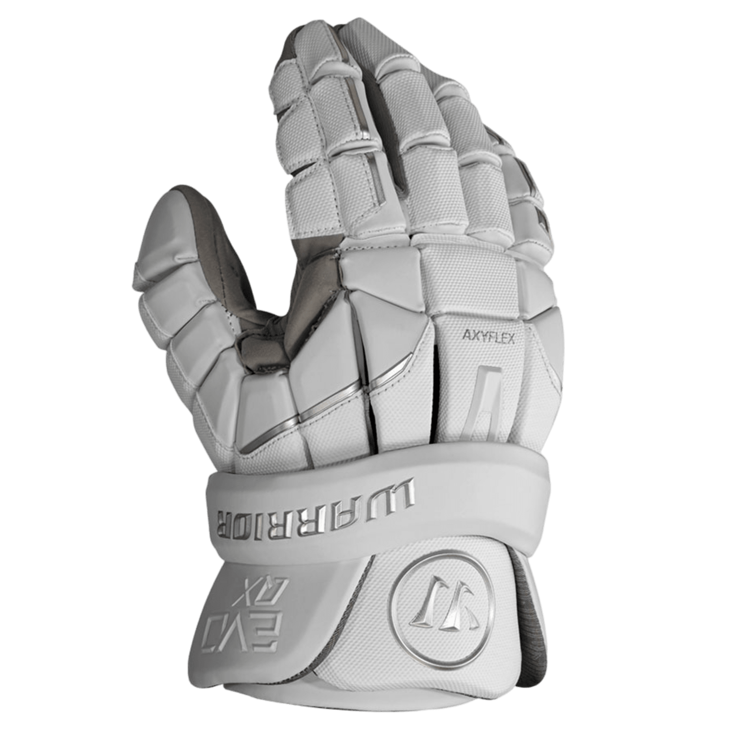 A detailed image of the Warrior Evo QX Lacrosse Gloves in white showcases their intricate padding and stitching. The wrist area proudly displays the "Warrior" brand name along with "EVO," while "Axyflex" technology on the thumb ensures flexibility. Enhanced with Impax high-density foam, the palm side is inward-facing.