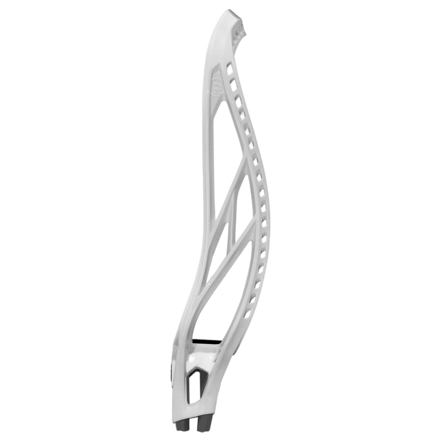A close-up view of a white Warrior Evo QX-D lacrosse head highlights its intricate cutout designs, with custom stringing options by professional stringers, elegantly displayed against a plain background.