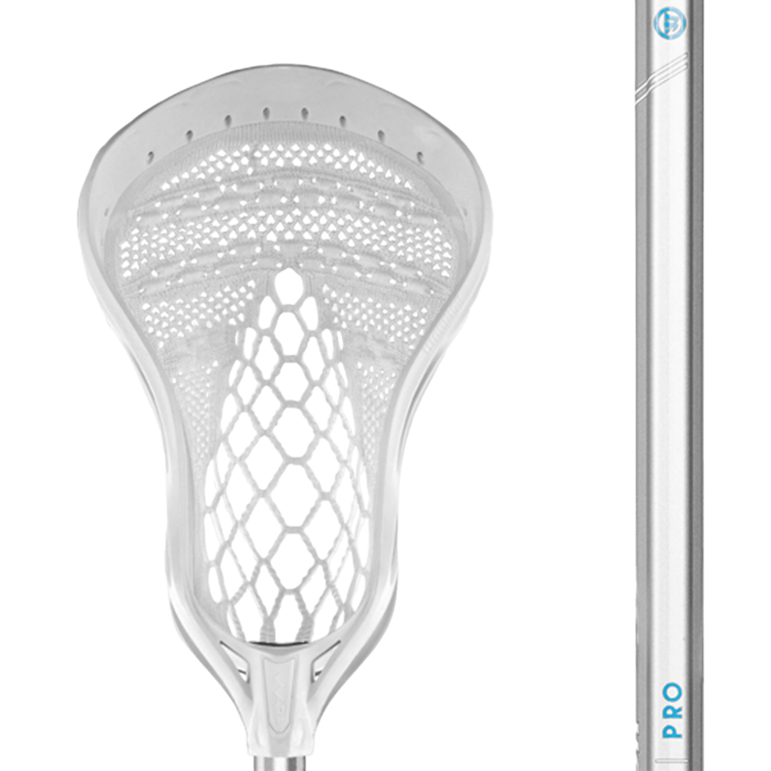 Close-up of the Warrior Evo Warp Complete Stick featuring a white head with a mesh net. The gray Krypto Pro Diamond shaft includes "PRO" in blue text, showcasing the intricate design of the lacrosse head against the sleek appearance of this complete stick from Warrior.