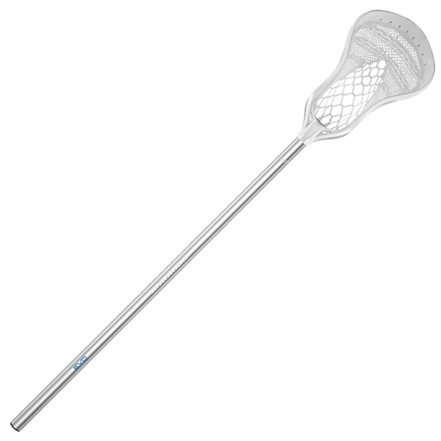 A Warrior Evo Warp Complete Stick, featuring a silver lacrosse stick with a white netted head and a Krypto Pro Diamond shaft, is positioned diagonally on a plain white background.