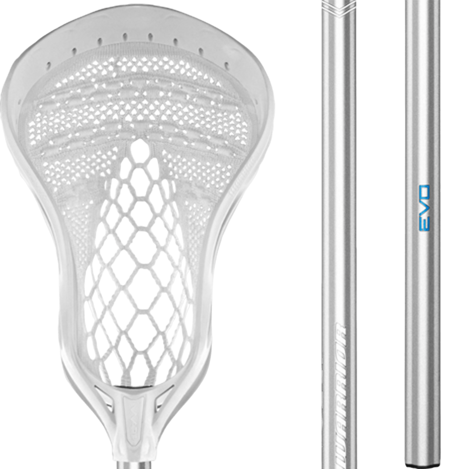 Close-up of the Warrior Evo Warp Defense Complete Stick featuring a white netted head and a silver shaft adorned with blue "EVO" text. This model by Warrior is set against a white background, emphasizing its intricate mesh pattern and sleek design.