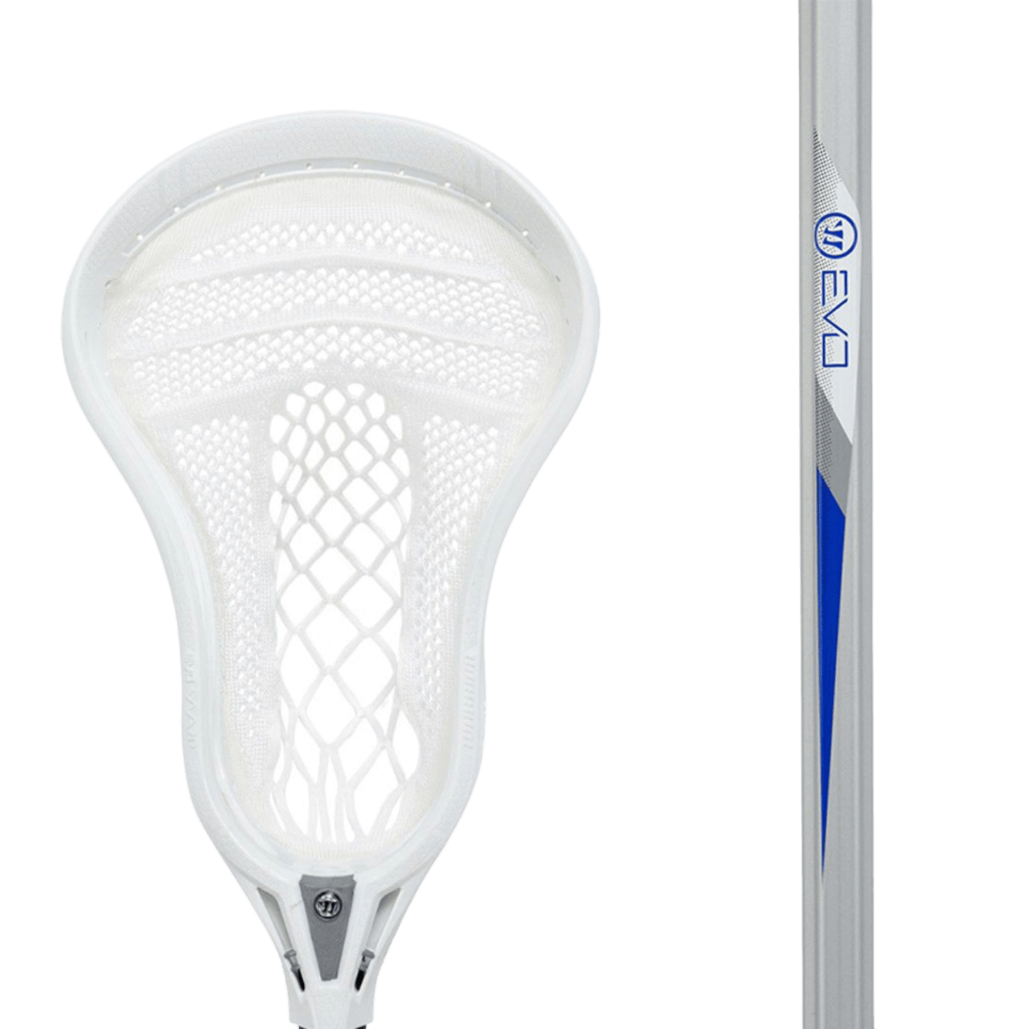 The Warrior Evo Warp Defense 2019 Complete Stick includes a white mesh pocket on a white head and is paired with a gray Krypto Pro Diamond shaft accented in blue and white. The EVO branding prominently enhances the seamless integration of Warp pockets for superior performance.