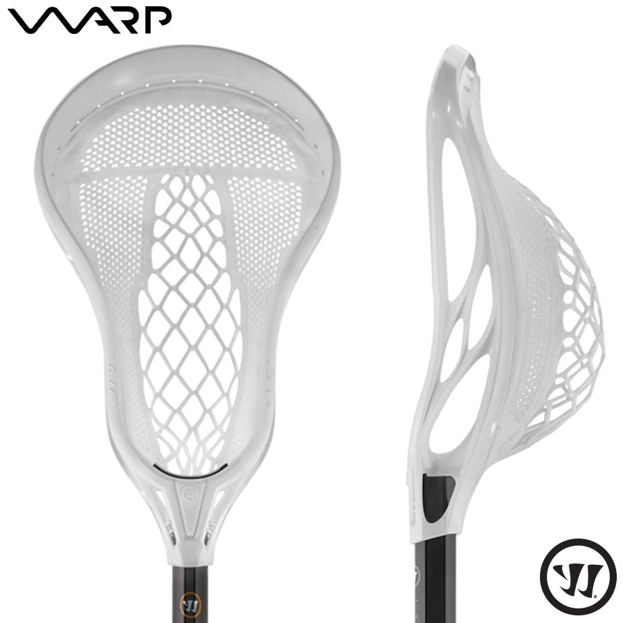 The Warrior Evo Warp Next 2017 Complete Stick, displayed from a front and side view, highlights its mesh netting and visible Warrior branding. Designed for new players, it includes a Kevlar pocket to boost performance. The plain white background accentuates its sleek design.
