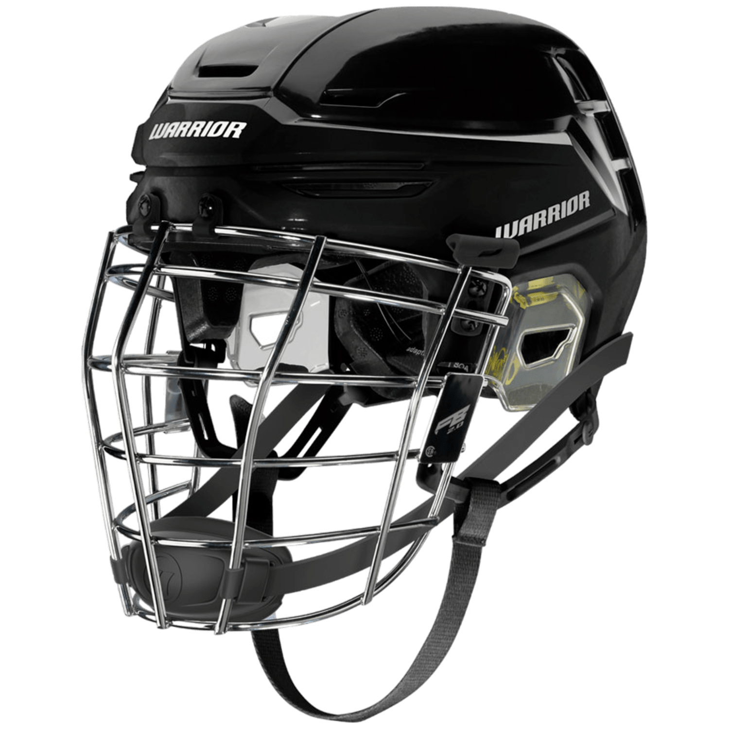 The Warrior FBAPC9 is a black hockey helmet equipped with the OmniShock Protection System, featuring a silver metal cage and an adjustable chin strap. This sleek, aerodynamic design prominently displays the Warrior brand logos and guarantees top-tier safety on the ice or in box lacrosse arenas.