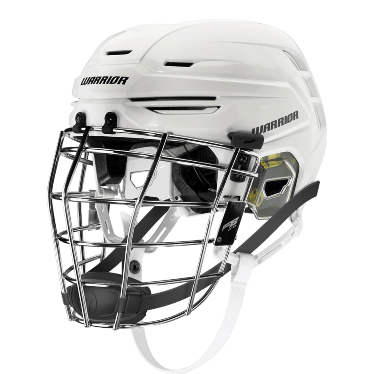 The white Warrior FBAPC9 hockey helmet, crafted for ice hockey games, includes a metal face cage for protection and an adjustable chin strap. Its ventilation slots and OmniShock Protection System ensure maximum safety, offering a robust design similar to that of a lacrosse helmet.