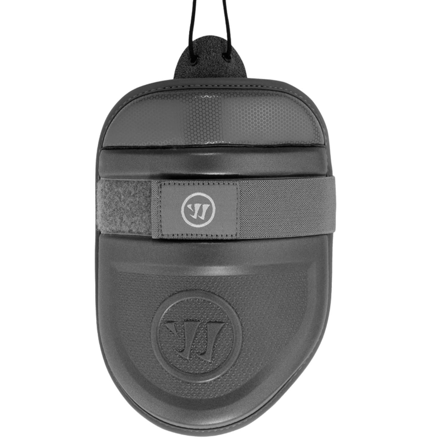 The Warrior Fatboy 2019 Bicep Pads, featuring a black, hard protective design with a high-quality Velcro strap and a logo in the center, are set against a green background, providing dependable protection from cross-checks.