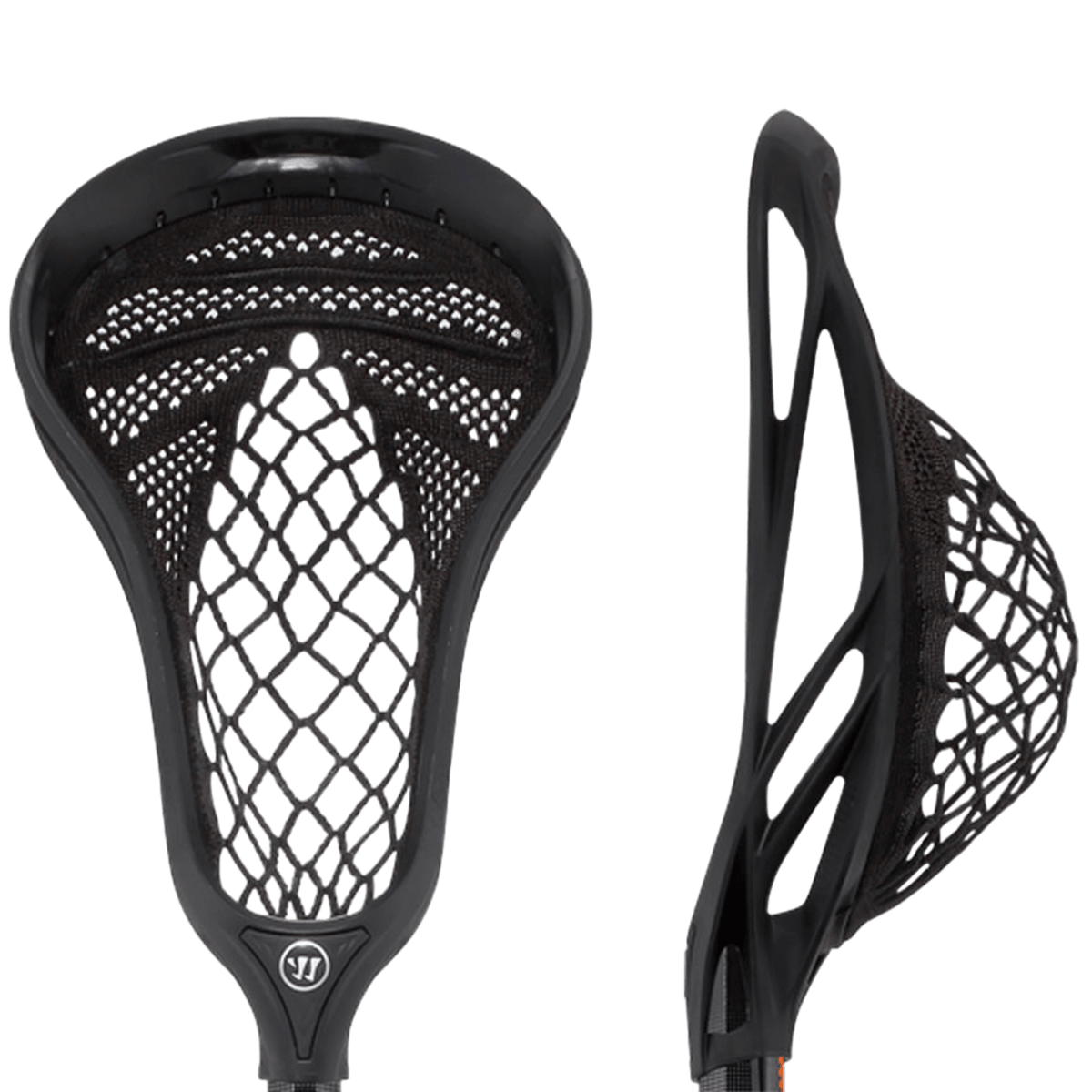 Close-up image of a Warrior Fatboy Burn Warp Pro Lacrosse Head by Warrior, showcasing the mesh netting. The front and side views emphasize the intricate design of both the netting and the frame. This box lacrosse head provides consistent pockets for optimal field performance.