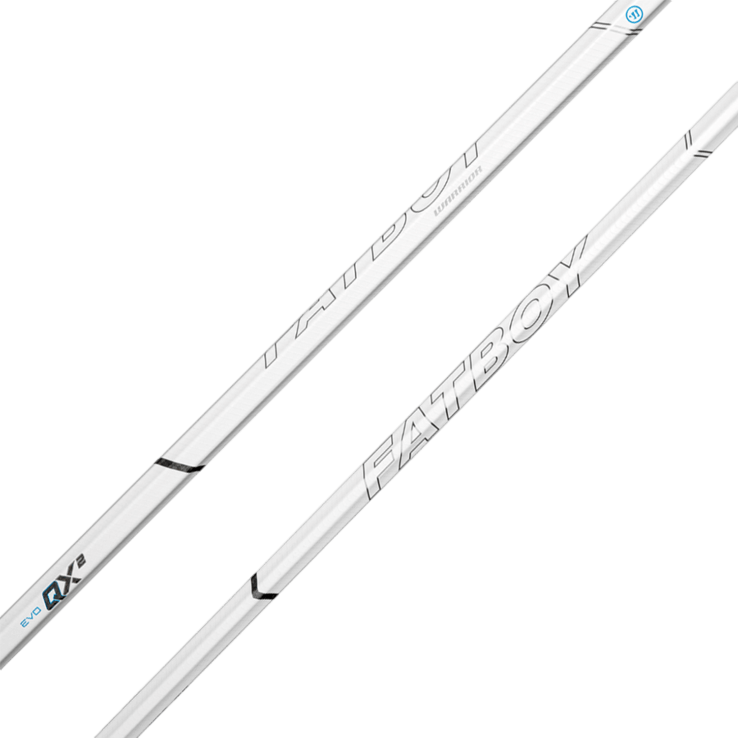 The Warrior Fatboy Evo QX2 Carbon Lacrosse Shaft features two white sports sticks emblazoned with "FATBOY" and designed with sleek black details, including the "AX" logo and specifications. Utilizing Minimus Carbon technology, these BOX lacrosse shafts offer improved durability and a quick release for top-notch performance.