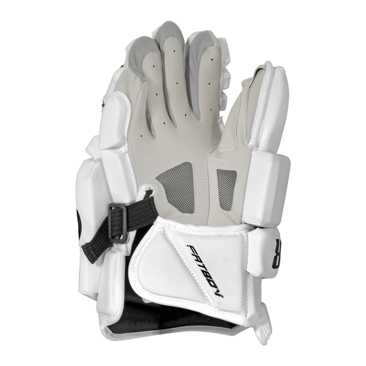 A pair of Warrior Fatboy Box Goalie Gloves in white, featuring grey padding on the fingers and a black adjustable strap. These expertly designed gloves offer protective padding and are ideal for both box lacrosse and hockey use.