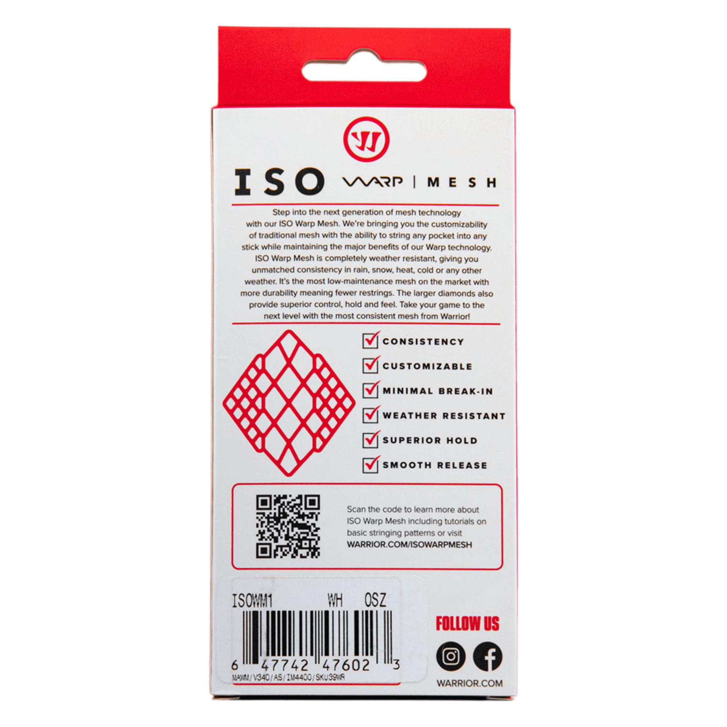 The image showcases the reverse side of a Warrior ISO Warp Mesh package, specifically crafted for lacrosse heads. It emphasizes the mesh's durability and weather resilience. The packaging, which is embellished in red and white hues, also features a QR code and social media icons for convenient access to additional details.